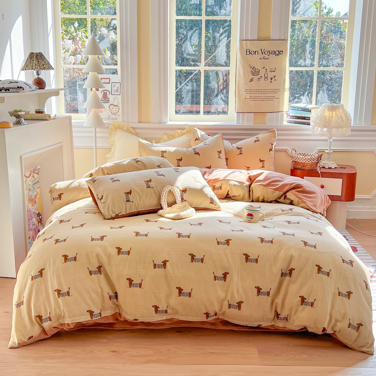 91家纺网 家纺一手货源 找家纺 金丝鸟家纺 2025新款全棉双层纱加牛奶绒四件套 拉条狗