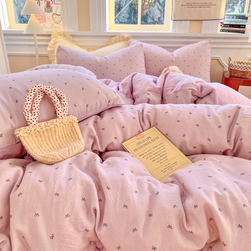 91家纺网 家纺一手货源 找家纺 金丝鸟家纺 2025新款全棉双层纱加牛奶绒四件套 密语小结