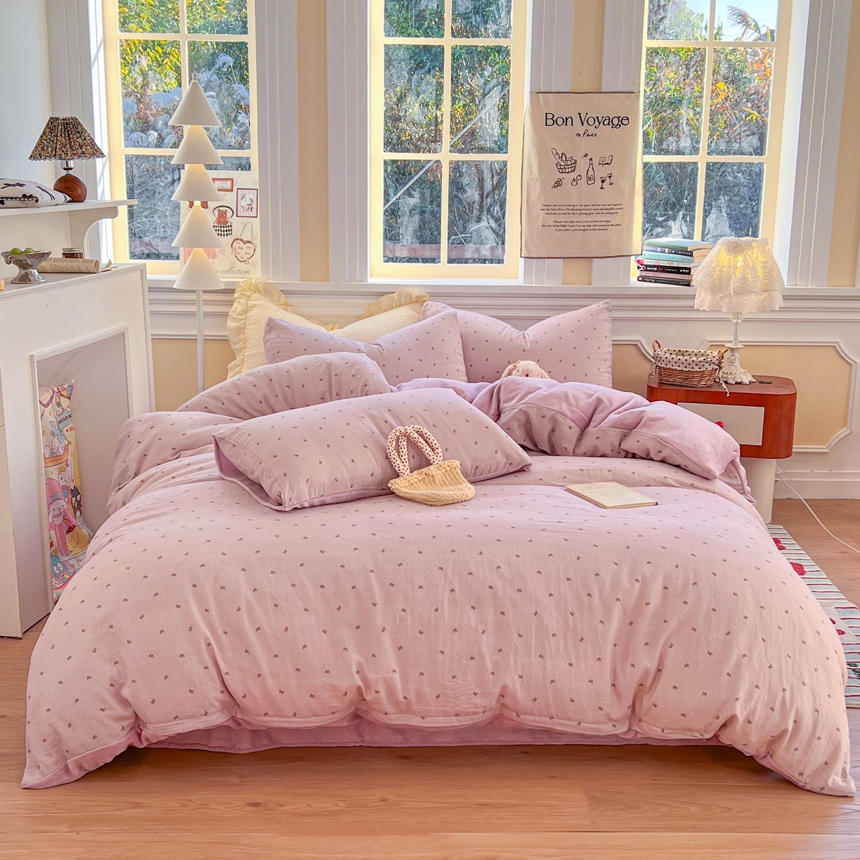 91家纺网 家纺一手货源 找家纺 金丝鸟家纺 2025新款全棉双层纱加牛奶绒四件套 密语小结