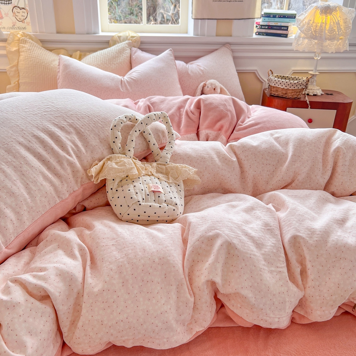 91家纺网 家纺一手货源 找家纺 金丝鸟家纺 2025新款全棉双层纱加牛奶绒四件套 棉语