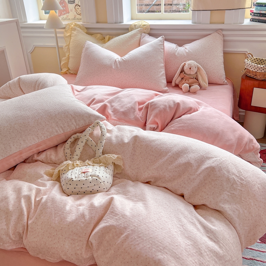 91家纺网 家纺一手货源 找家纺 金丝鸟家纺 2025新款全棉双层纱加牛奶绒四件套 棉语