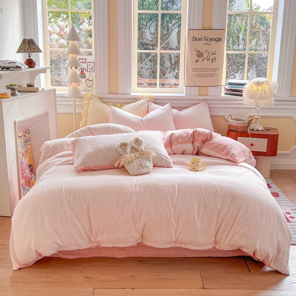 91家纺网 家纺一手货源 找家纺 金丝鸟家纺 2025新款全棉双层纱加牛奶绒四件套 棉语