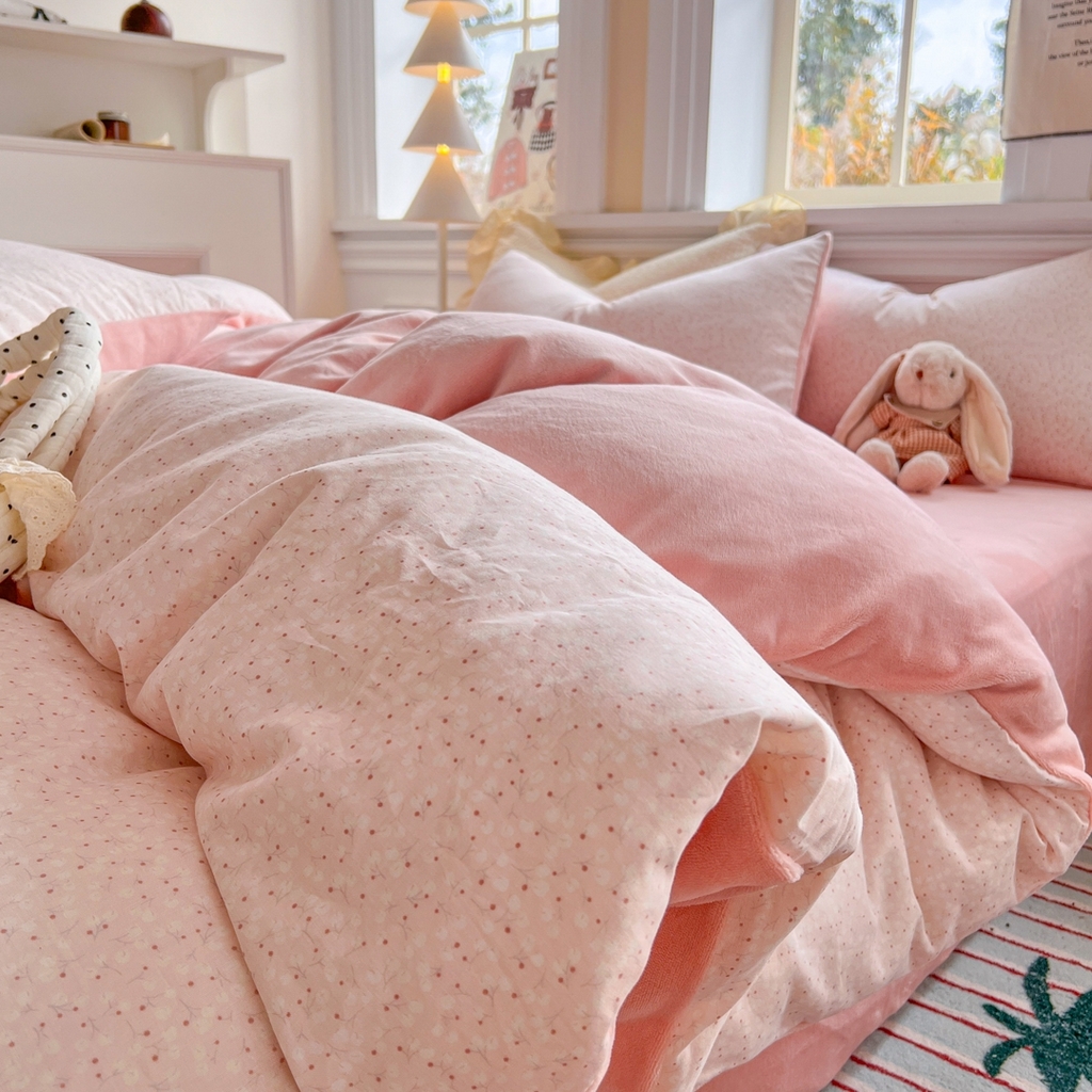 91家纺网 家纺一手货源 找家纺 金丝鸟家纺 2025新款全棉双层纱加牛奶绒四件套 棉语