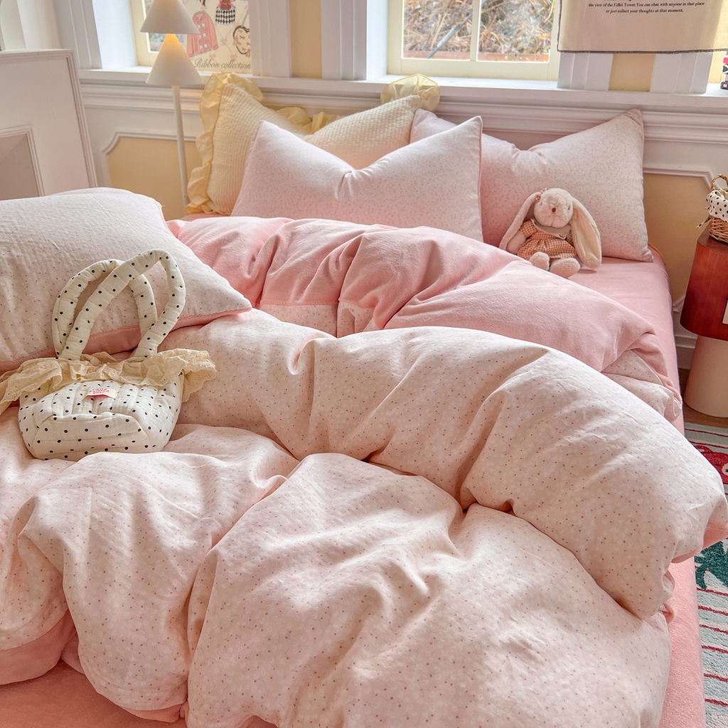 91家纺网 家纺一手货源 找家纺 金丝鸟家纺 2025新款全棉双层纱加牛奶绒四件套 棉语