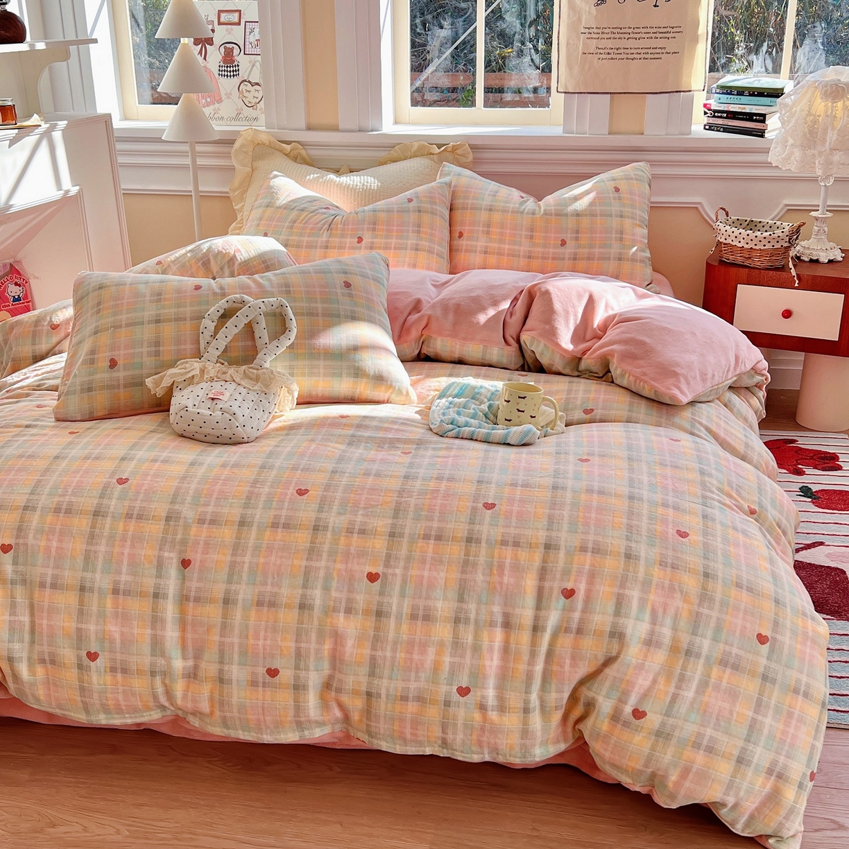 金丝鸟家纺 2025新款全棉双层纱加牛奶绒四件套 七彩方格