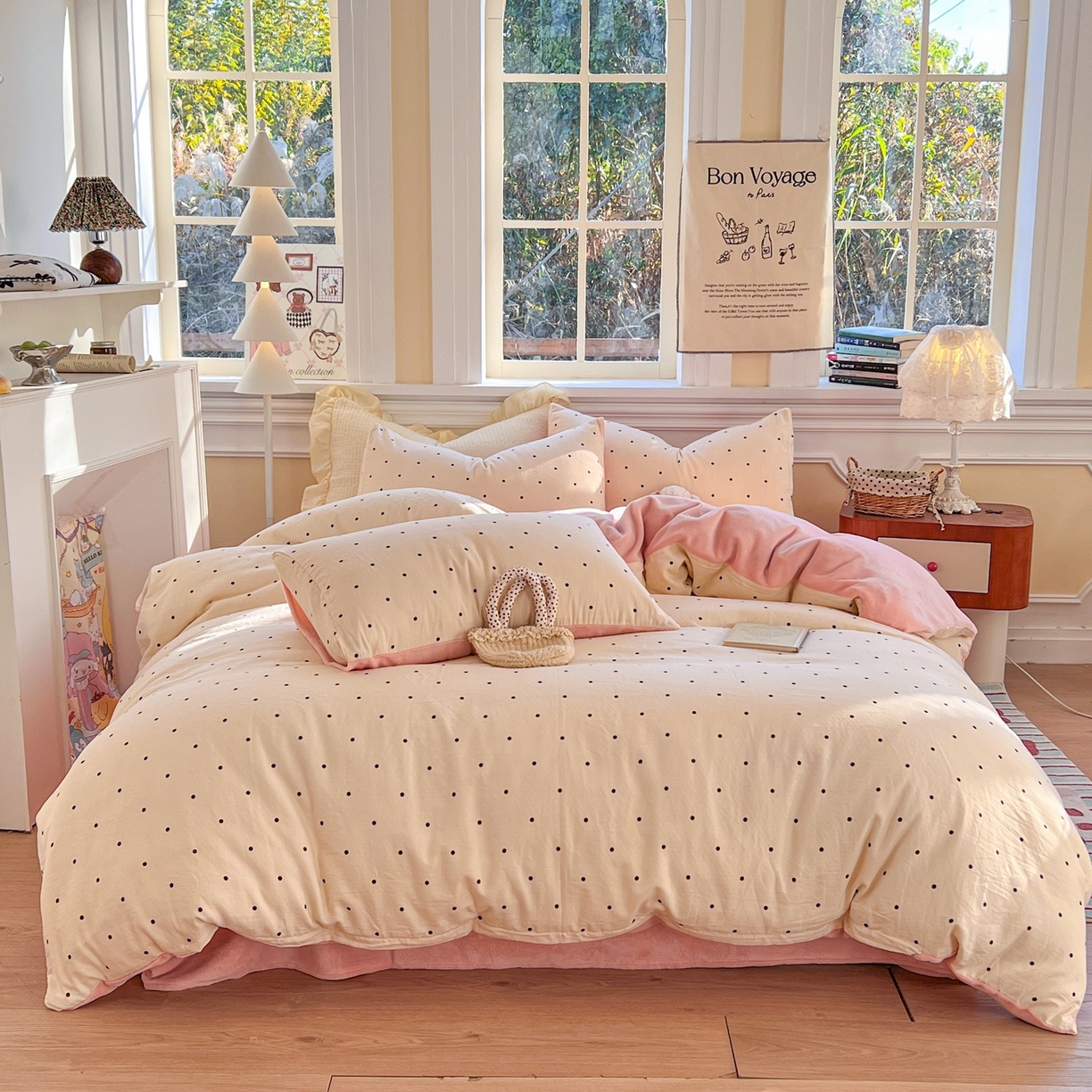 91家纺网 家纺一手货源 找家纺 金丝鸟家纺 2025新款全棉双层纱加牛奶绒四件套 小黑点点