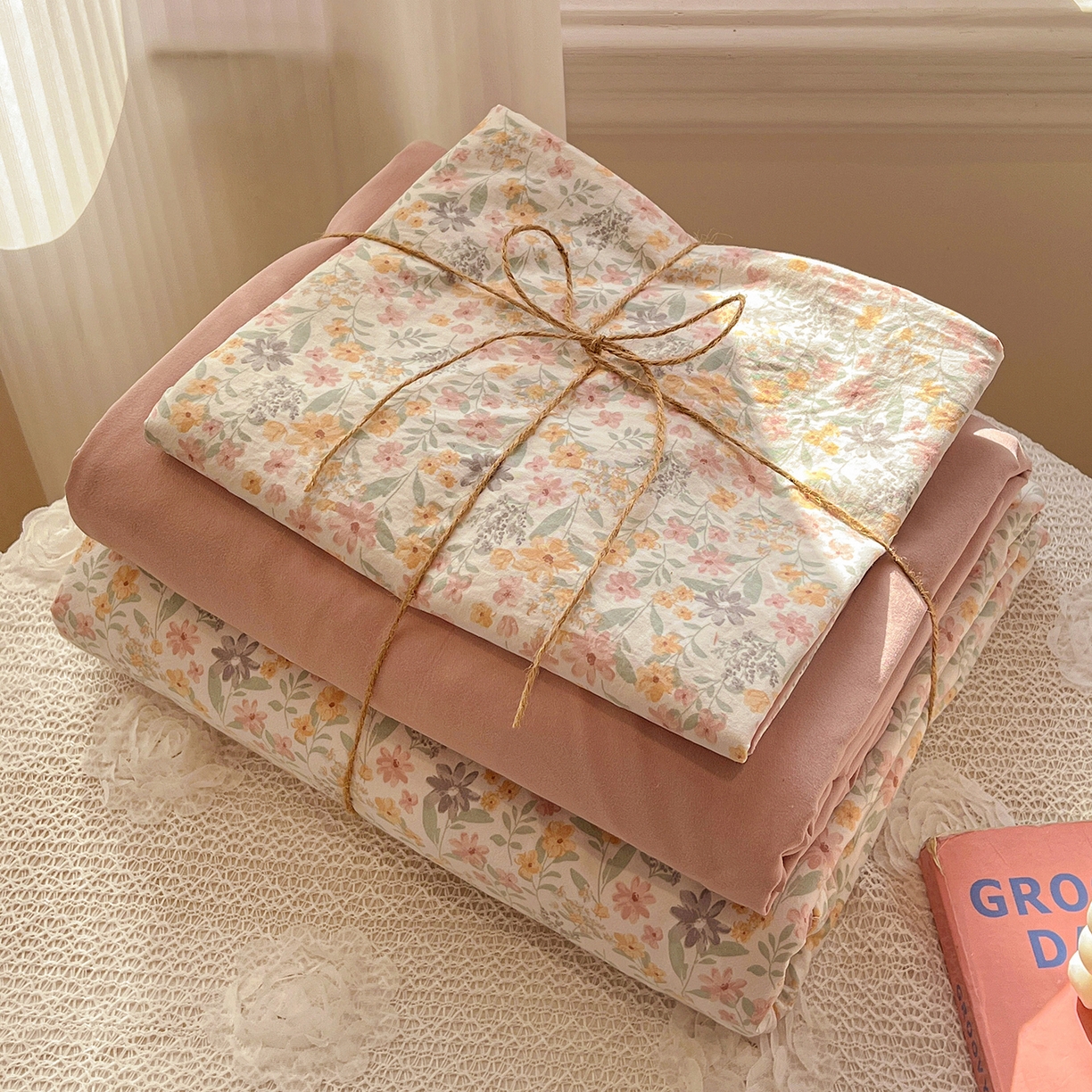 91家纺网 家纺一手货源 找家纺 富米莱（原臻工厂） 2025新款A类古法水洗仿棉云感纱四件套 花千朵