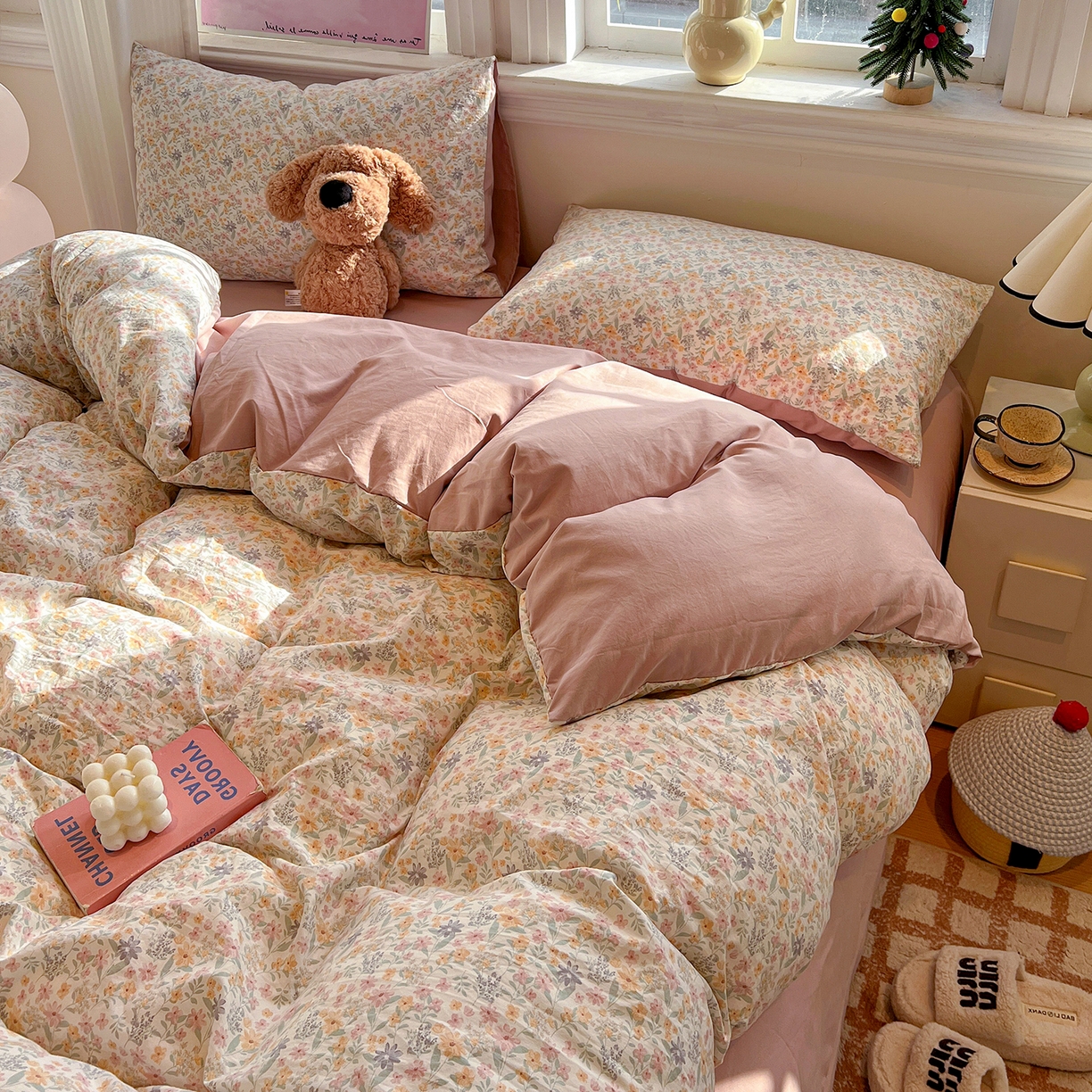 91家纺网 家纺一手货源 找家纺 富米莱（原臻工厂） 2025新款A类古法水洗仿棉云感纱四件套 花千朵