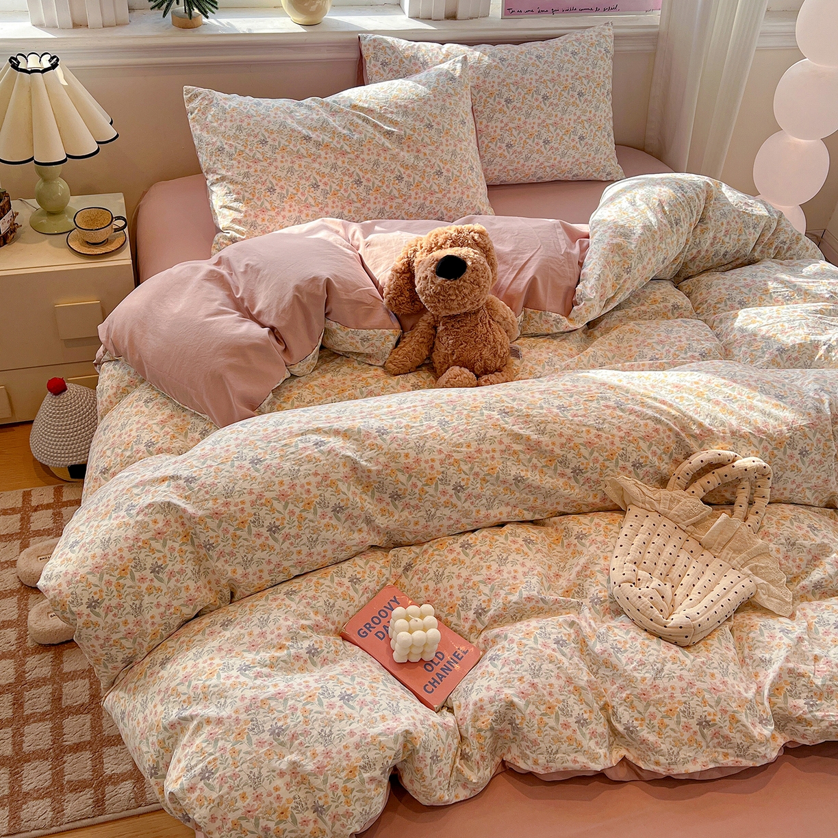 91家纺网 家纺一手货源 找家纺 富米莱（原臻工厂） 2025新款A类古法水洗仿棉云感纱四件套 花千朵