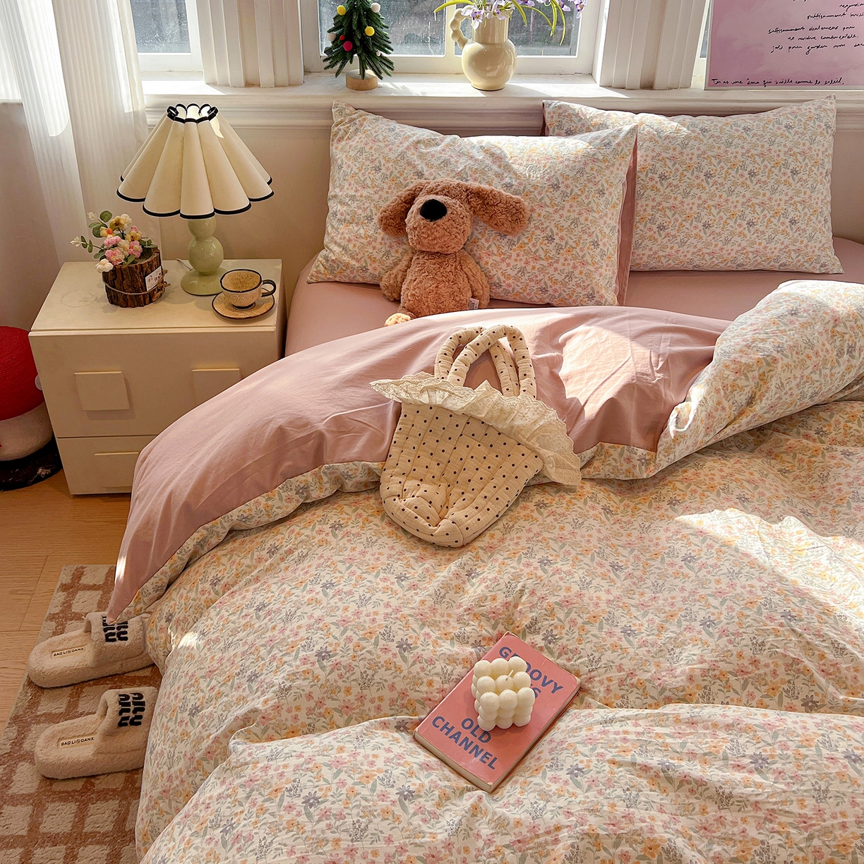 91家纺网 家纺一手货源 找家纺 富米莱（原臻工厂） 2025新款A类古法水洗仿棉云感纱四件套 花千朵