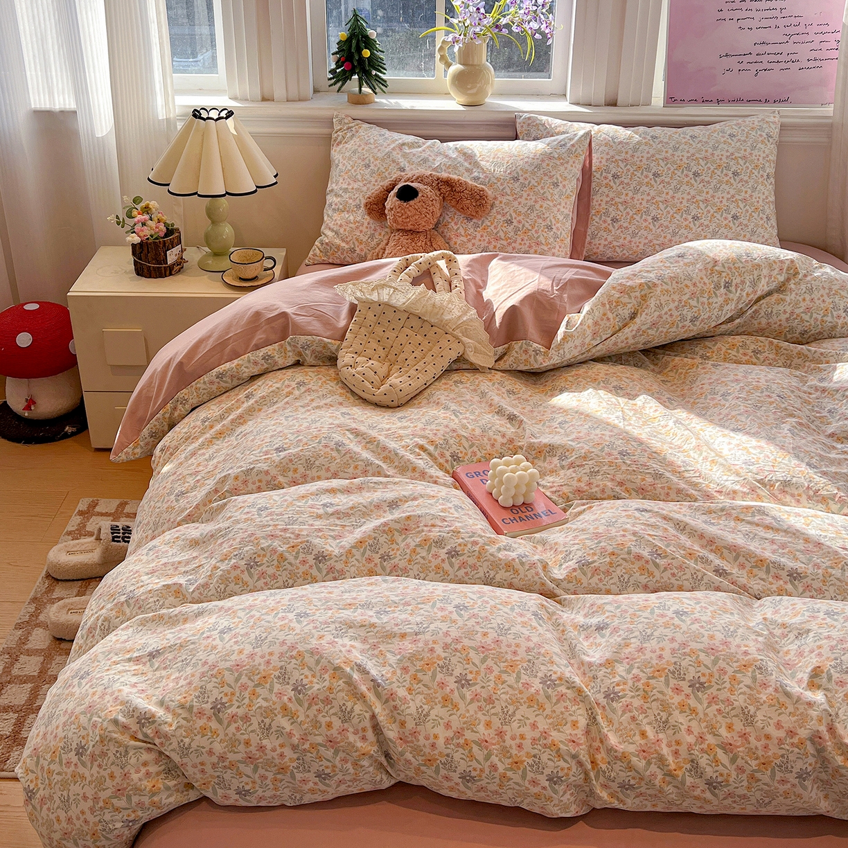 91家纺网 家纺一手货源 找家纺 富米莱（原臻工厂） 2025新款A类古法水洗仿棉云感纱四件套 花千朵