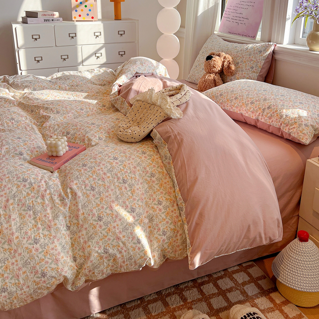 91家纺网 家纺一手货源 找家纺 富米莱（原臻工厂） 2025新款A类古法水洗仿棉云感纱四件套 花千朵