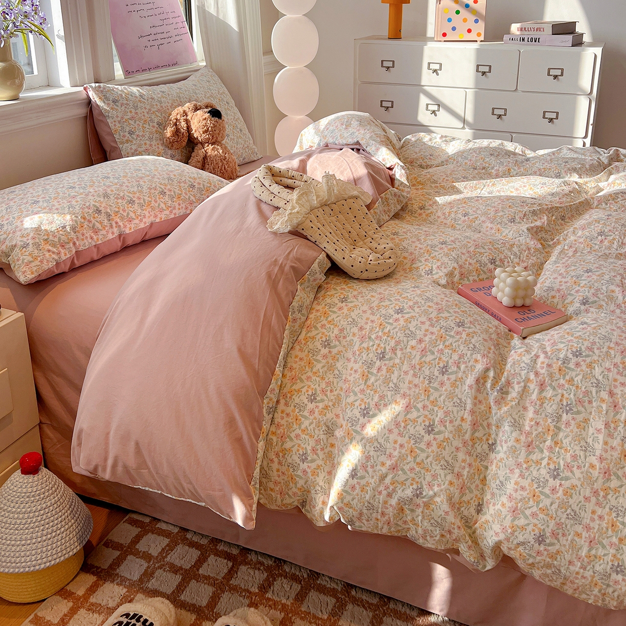 91家纺网 家纺一手货源 找家纺 富米莱（原臻工厂） 2025新款A类古法水洗仿棉云感纱四件套 花千朵