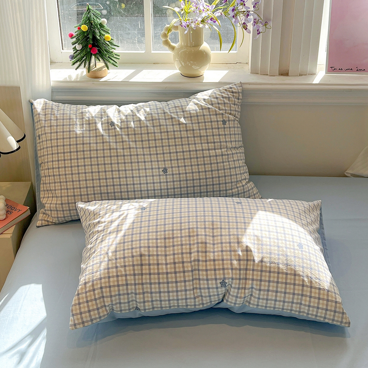 91家纺网 家纺一手货源 找家纺 富米莱（原臻工厂） 2025新款A类古法水洗仿棉云感纱四件套 蓝小格