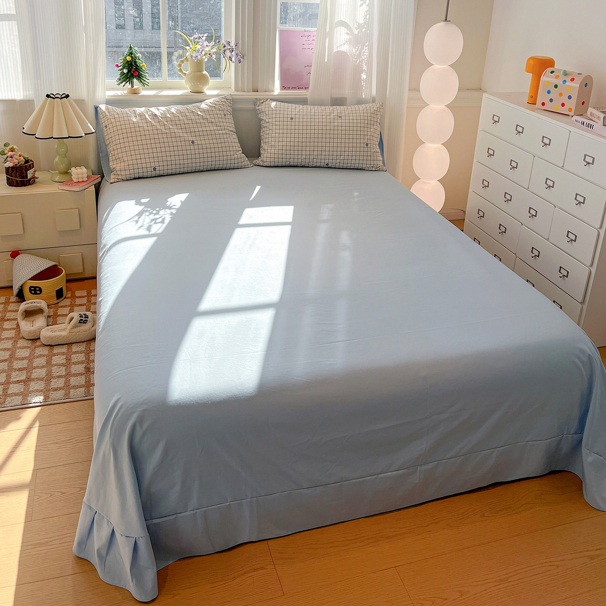 91家纺网 家纺一手货源 找家纺 富米莱（原臻工厂） 2025新款A类古法水洗仿棉云感纱四件套 蓝小格