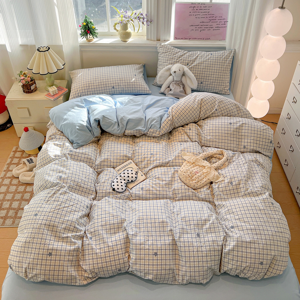 91家纺网 家纺一手货源 找家纺 富米莱（原臻工厂） 2025新款A类古法水洗仿棉云感纱四件套 蓝小格