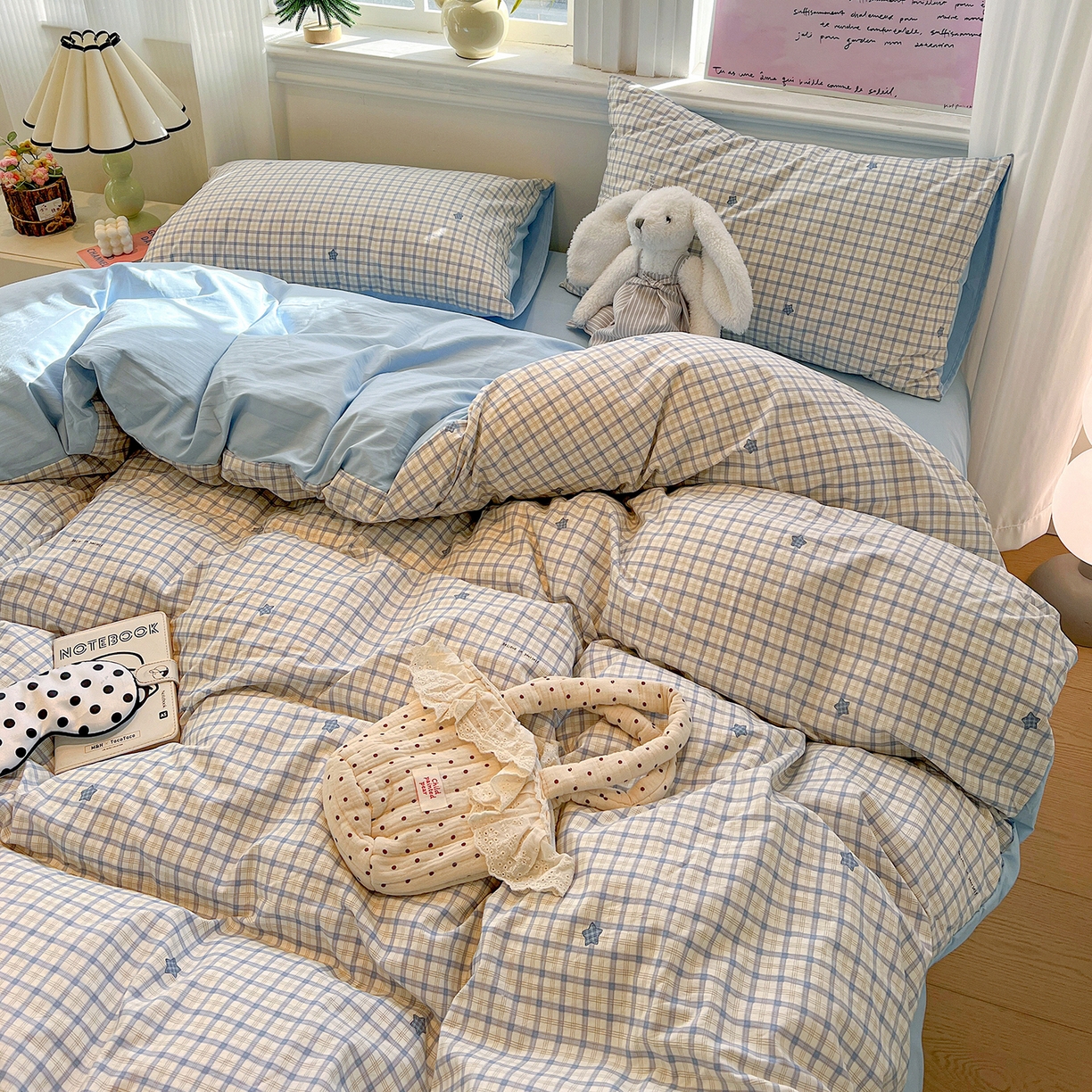 91家纺网 家纺一手货源 找家纺 富米莱（原臻工厂） 2025新款A类古法水洗仿棉云感纱四件套 蓝小格