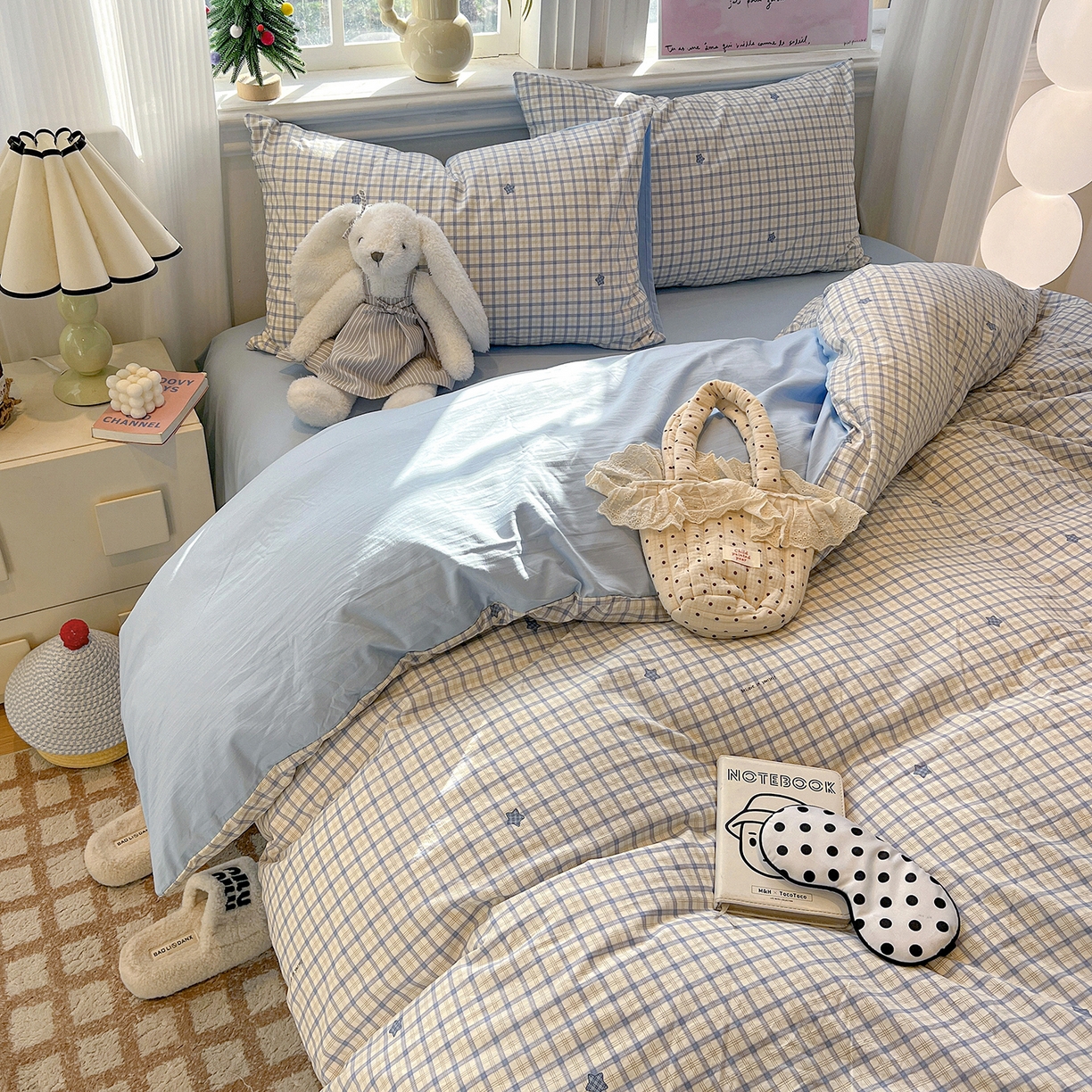 91家纺网 家纺一手货源 找家纺 富米莱（原臻工厂） 2025新款A类古法水洗仿棉云感纱四件套 蓝小格