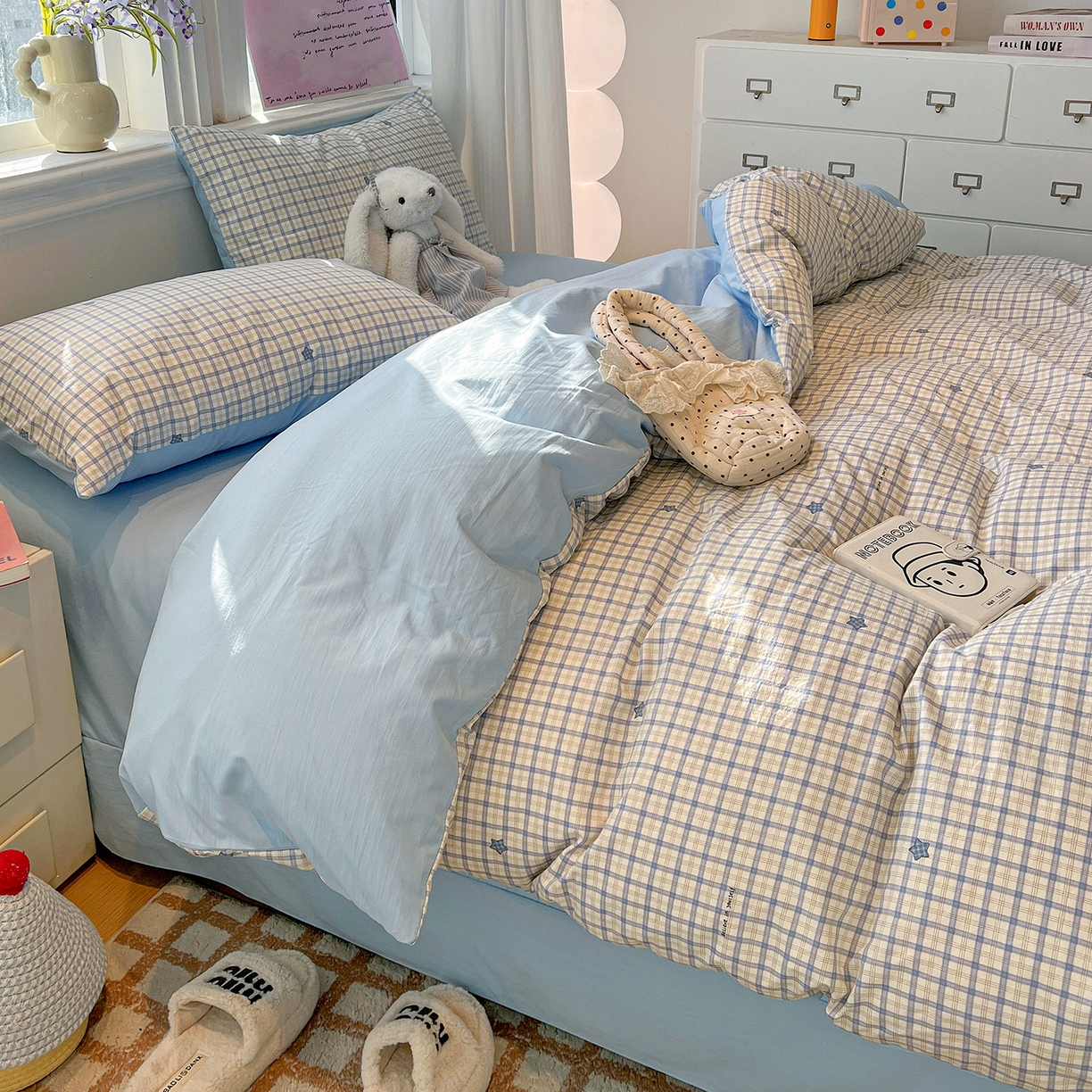 91家纺网 家纺一手货源 找家纺 富米莱（原臻工厂） 2025新款A类古法水洗仿棉云感纱四件套 蓝小格