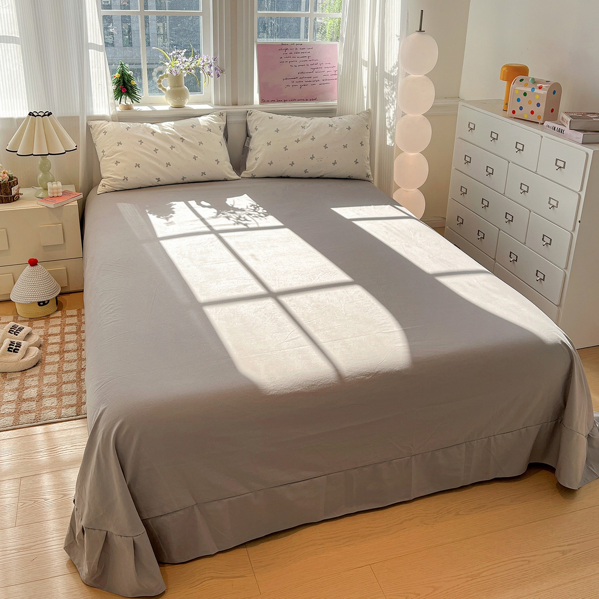 91家纺网 家纺一手货源 找家纺 富米莱（原臻工厂） 2025新款A类古法水洗仿棉云感纱四件套 梦幻灰