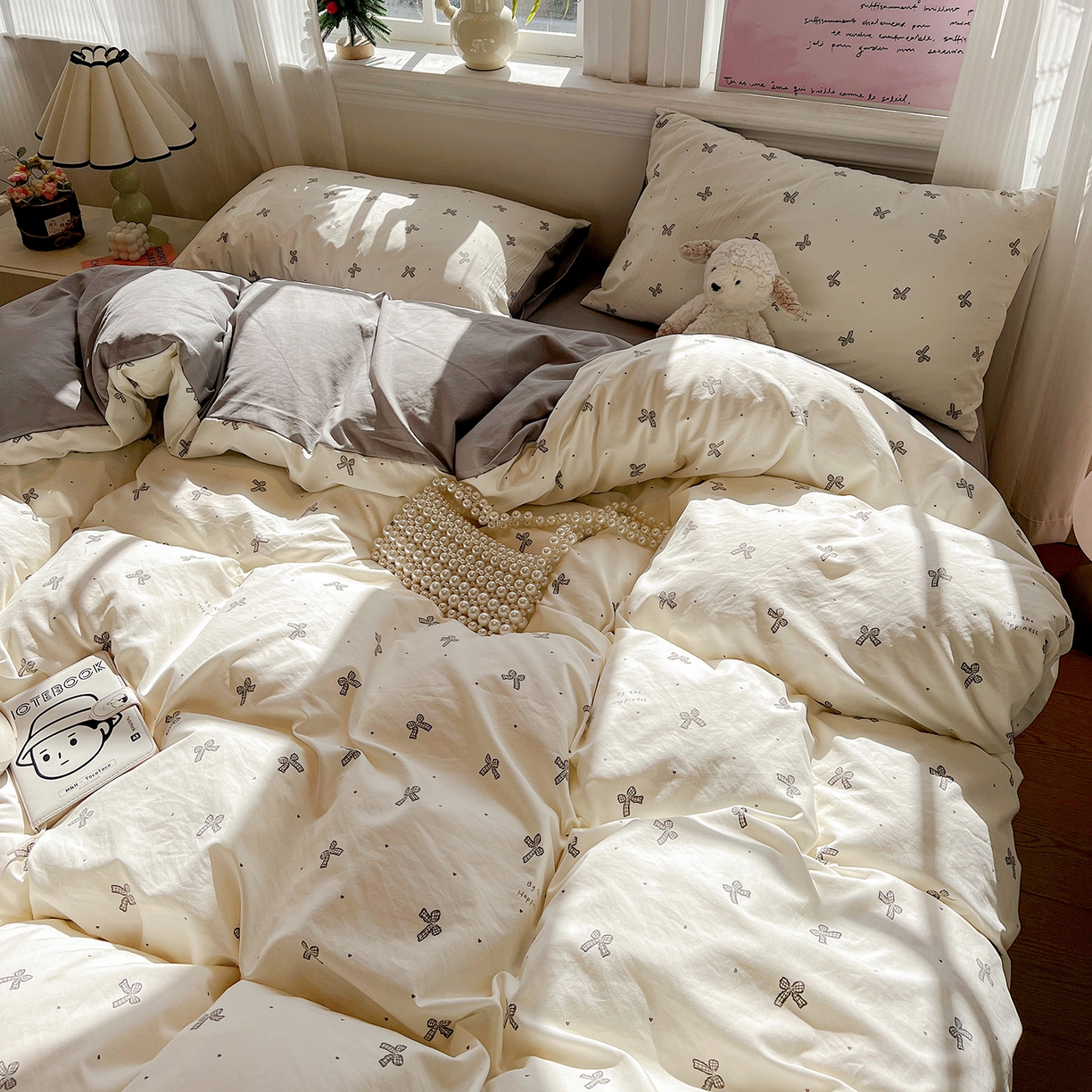 91家纺网 家纺一手货源 找家纺 富米莱（原臻工厂） 2025新款A类古法水洗仿棉云感纱四件套 梦幻灰