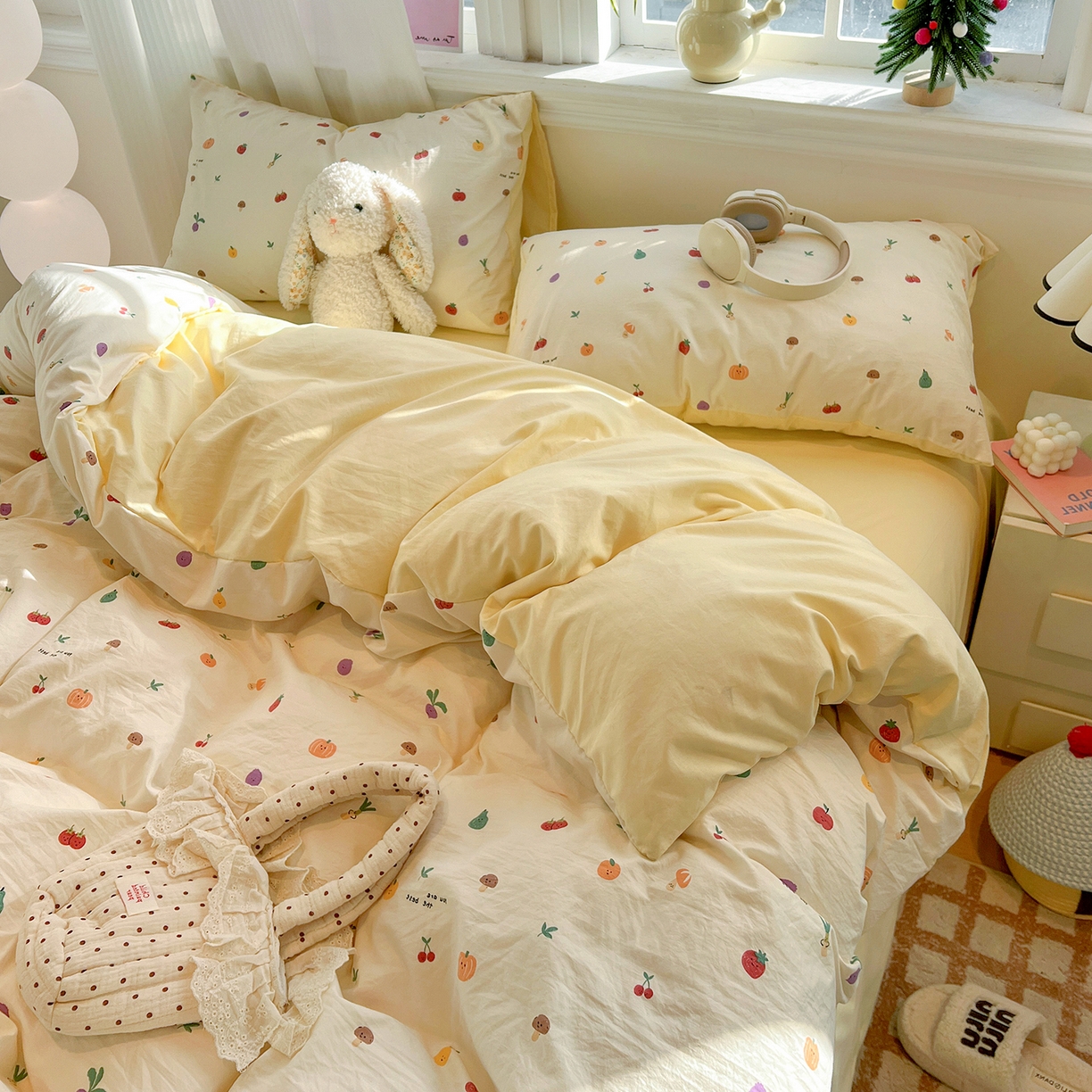 91家纺网 家纺一手货源 找家纺 富米莱（原臻工厂） 2025新款A类古法水洗仿棉云感纱四件套 南瓜果果