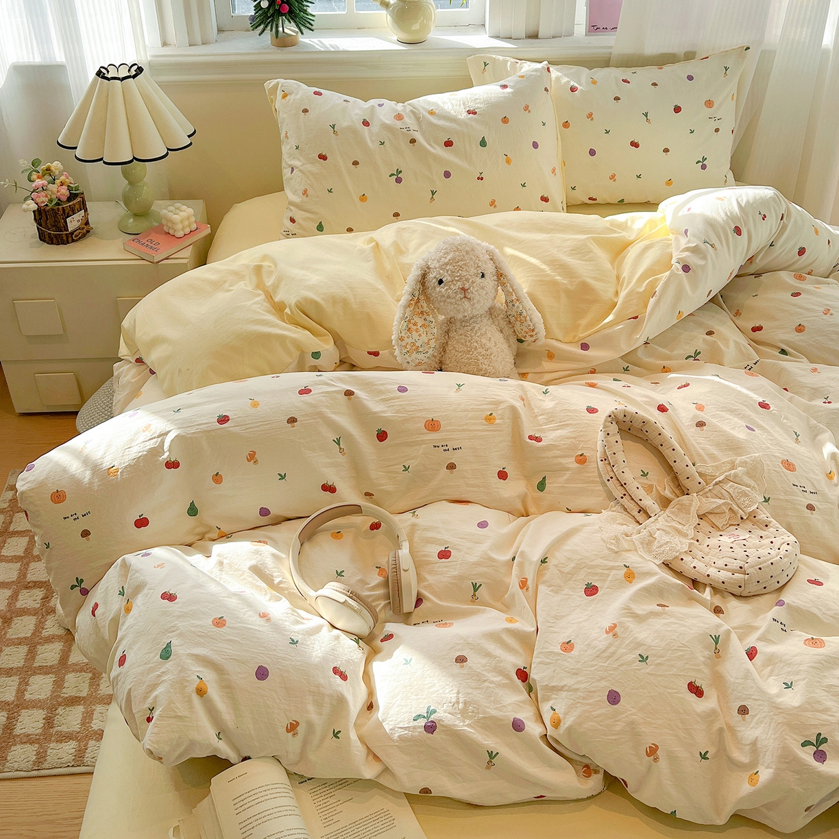 91家纺网 家纺一手货源 找家纺 富米莱（原臻工厂） 2025新款A类古法水洗仿棉云感纱四件套 南瓜果果