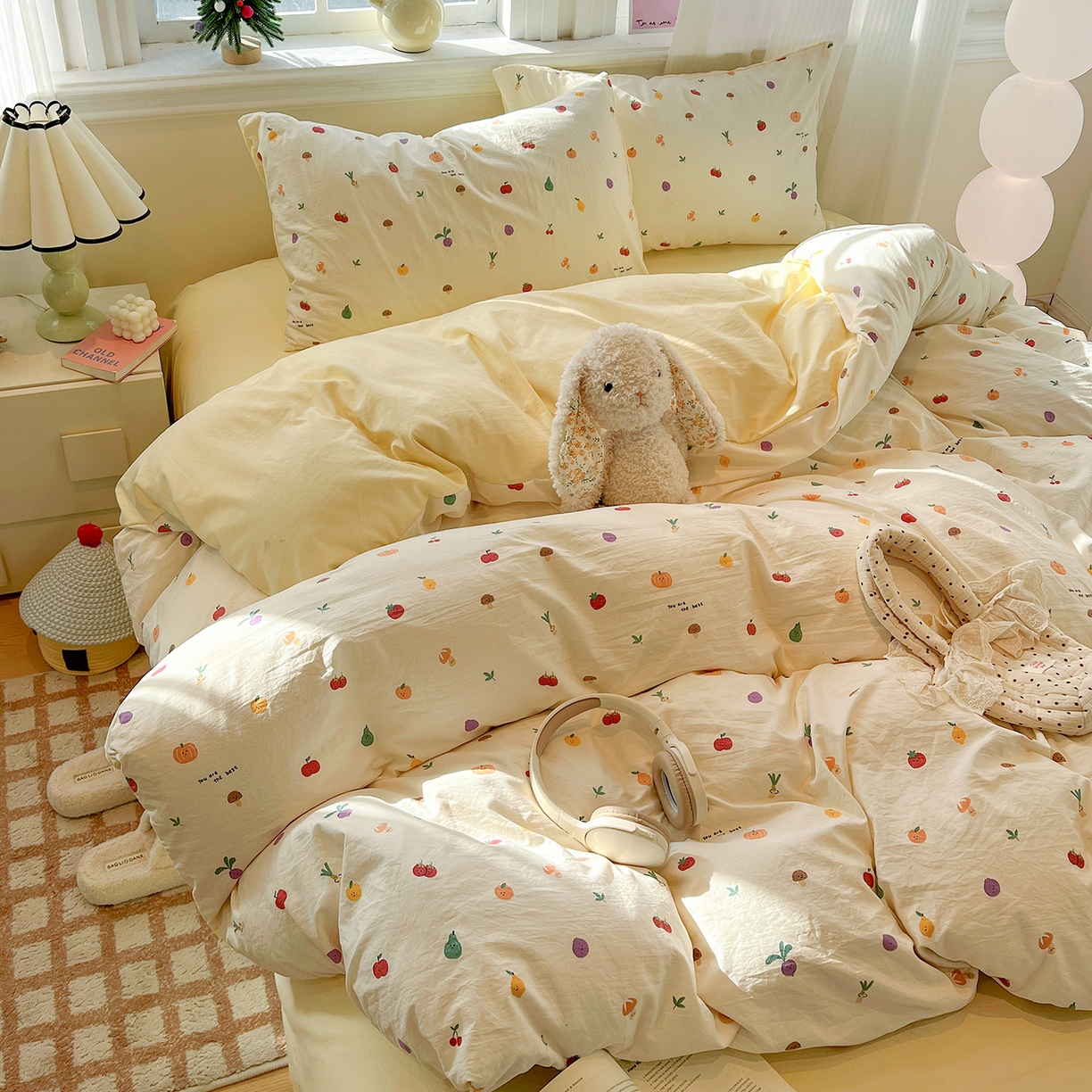 91家纺网 家纺一手货源 找家纺 富米莱（原臻工厂） 2025新款A类古法水洗仿棉云感纱四件套 南瓜果果