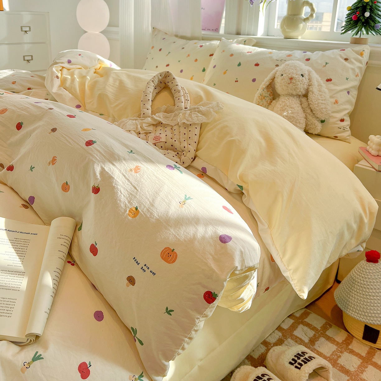 91家纺网 家纺一手货源 找家纺 富米莱（原臻工厂） 2025新款A类古法水洗仿棉云感纱四件套 南瓜果果