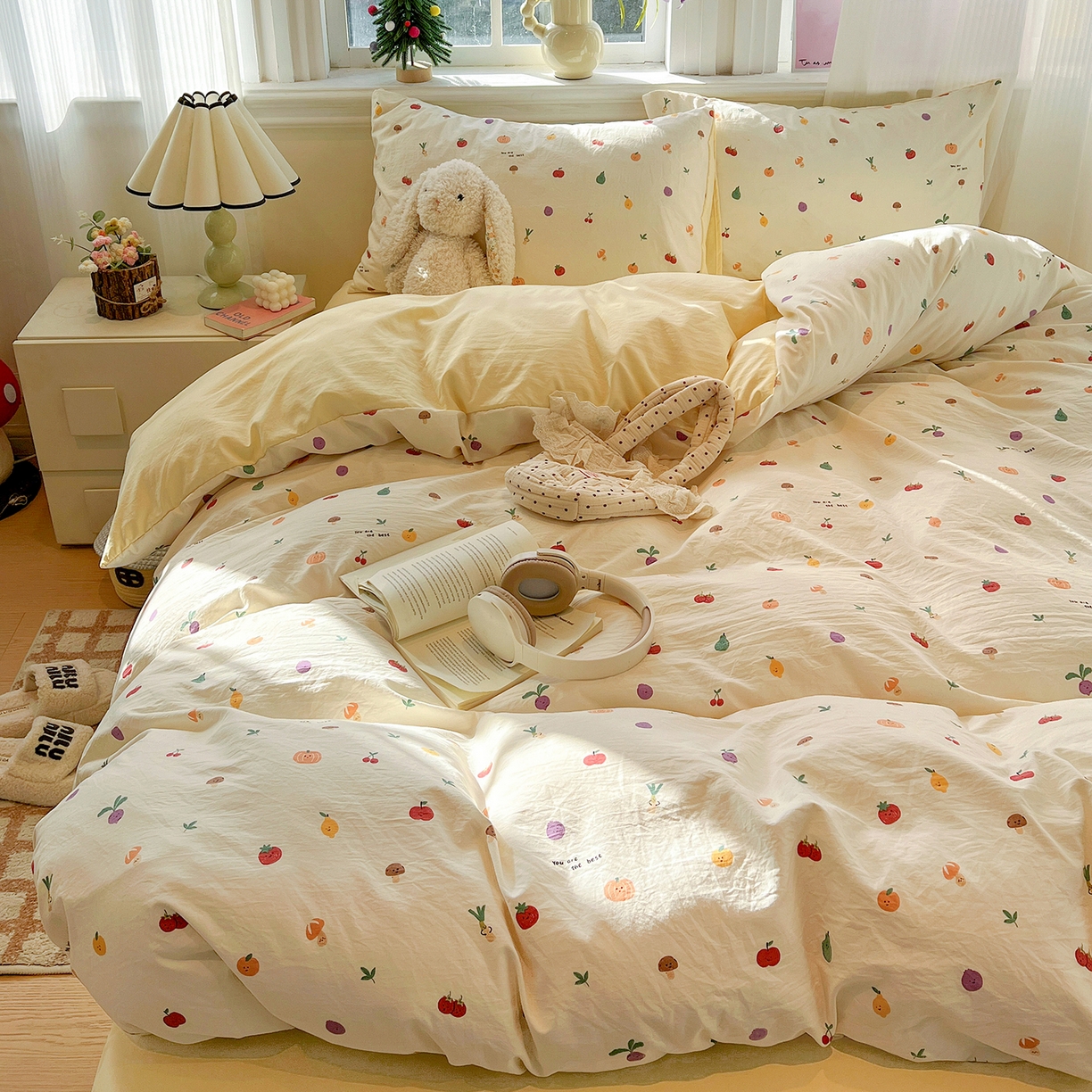 91家纺网 家纺一手货源 找家纺 富米莱（原臻工厂） 2025新款A类古法水洗仿棉云感纱四件套 南瓜果果