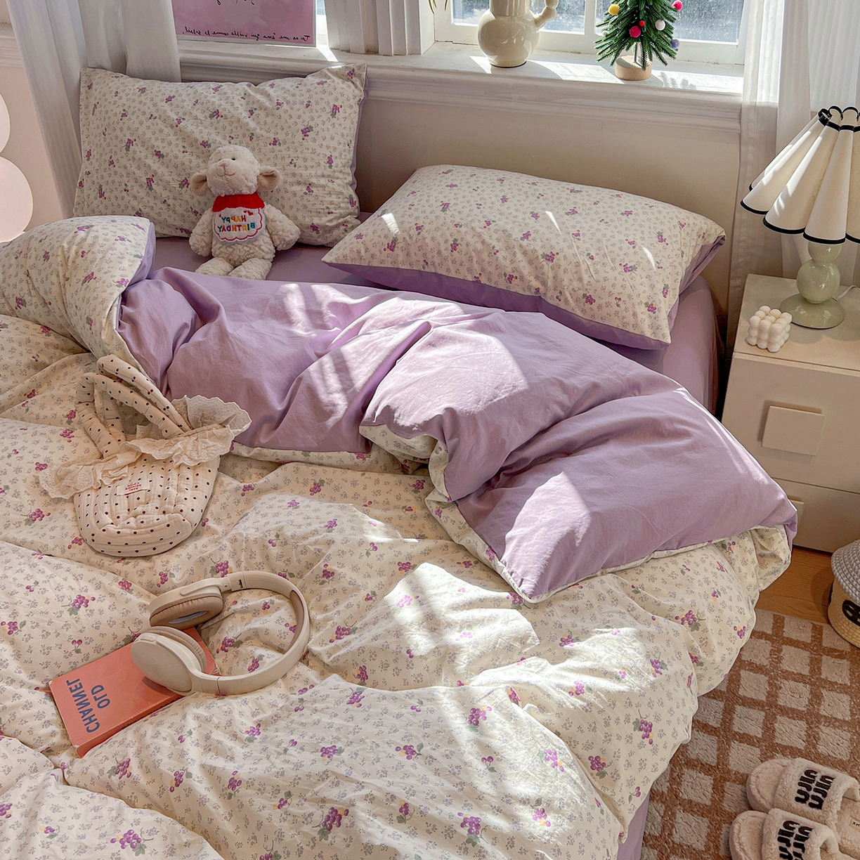 91家纺网 家纺一手货源 找家纺 富米莱（原臻工厂） 2025新款A类古法水洗仿棉云感纱四件套 葡萄