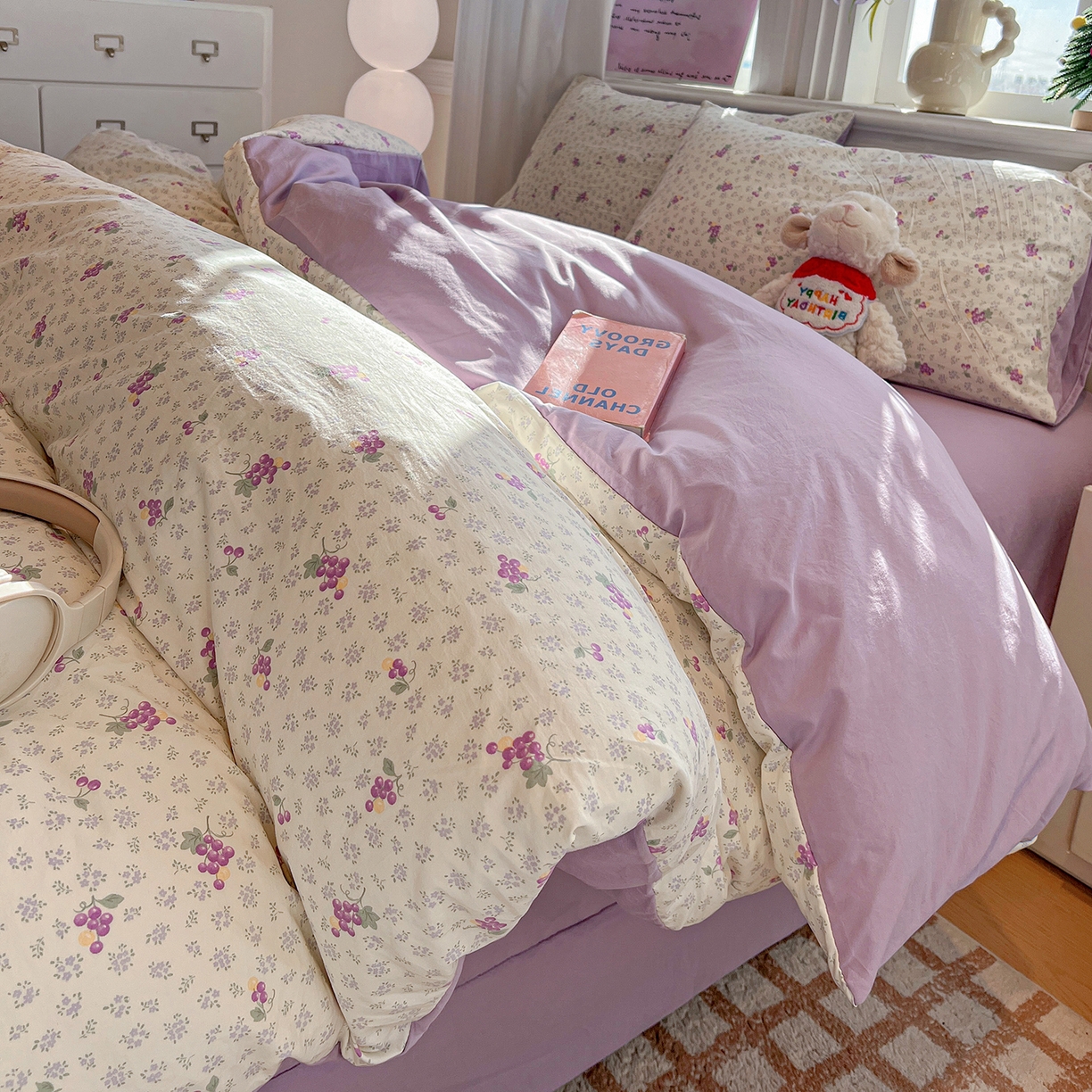 91家纺网 家纺一手货源 找家纺 富米莱（原臻工厂） 2025新款A类古法水洗仿棉云感纱四件套 葡萄