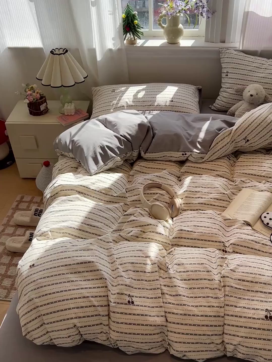 91家纺网 家纺一手货源 找家纺 富米莱（原臻工厂） 2025新款A类古法水洗仿棉云感纱四件套 灰樱桃