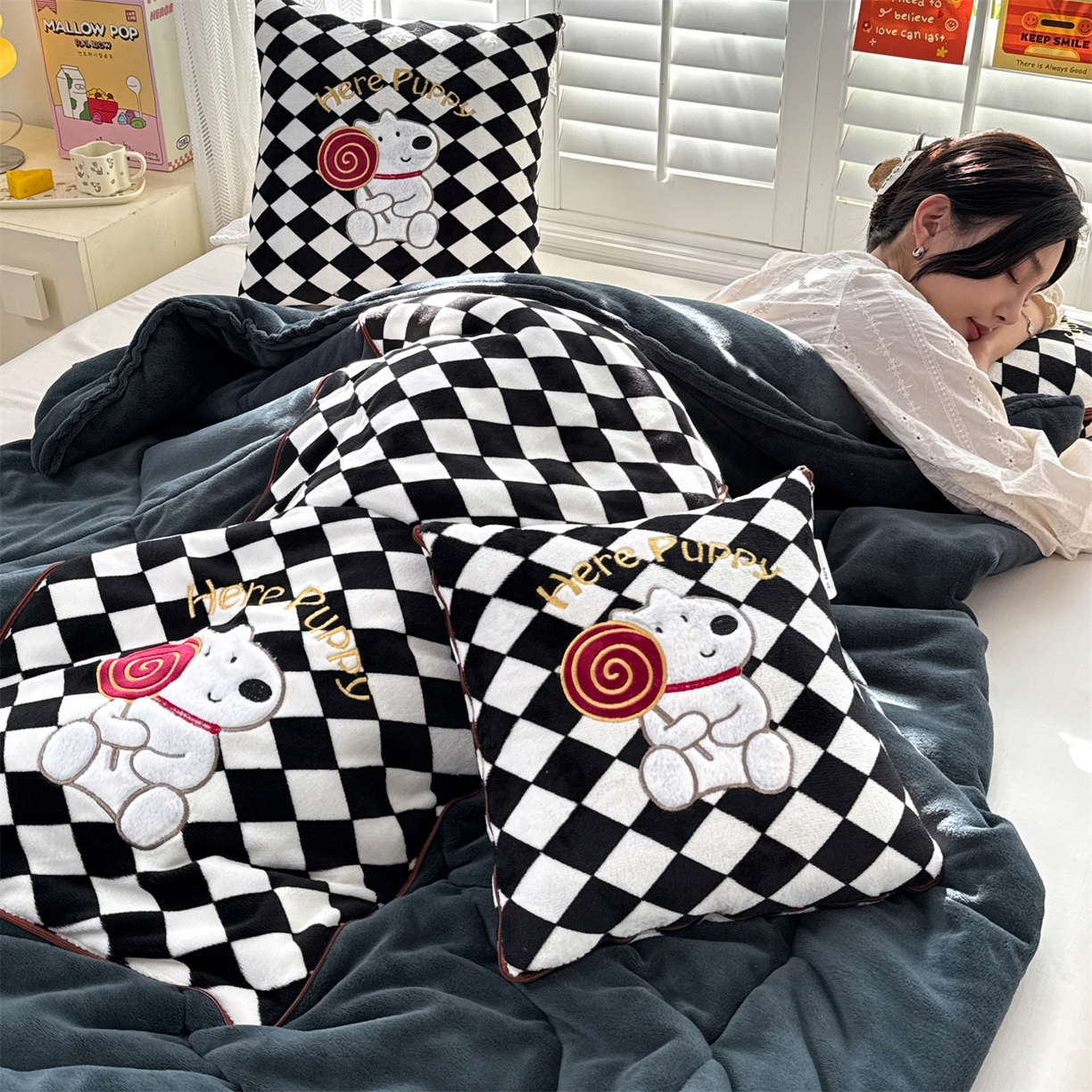 91家纺网 家纺一手货源 找家纺 （总）宝马家纺（原梦童画） 2025新款多巴胺风格牛奶绒贴布绣抱枕被