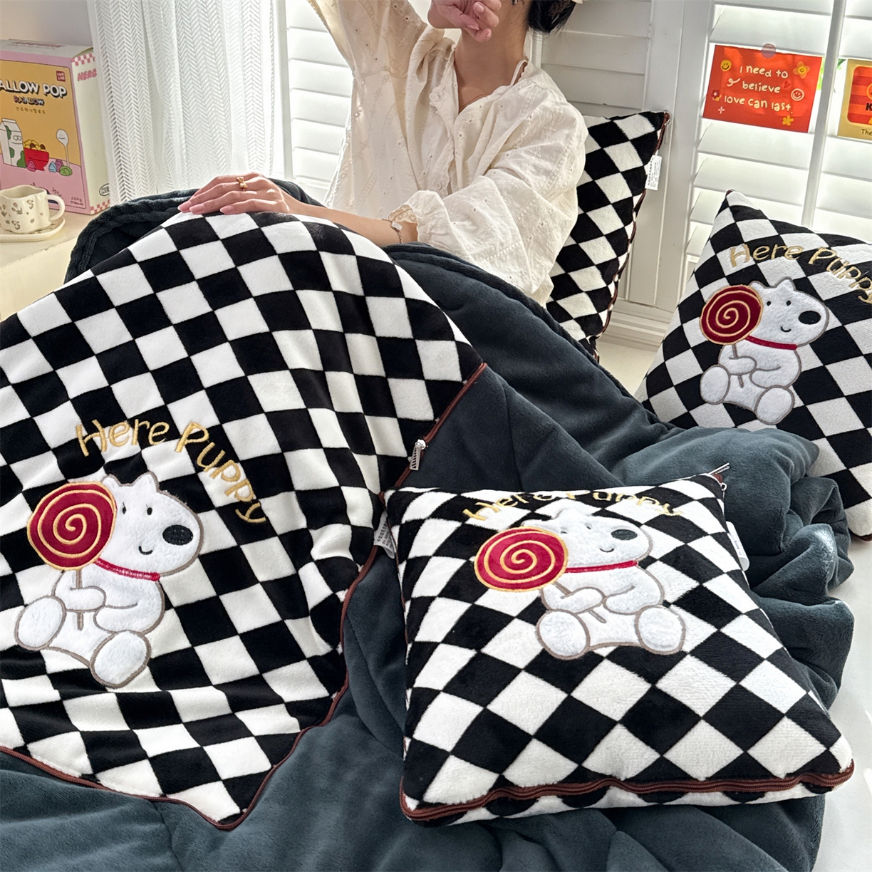 91家纺网 家纺一手货源 找家纺 宝马家纺（原梦童画） 2025新款多巴胺风格牛奶绒贴布绣抱枕被 小狗-黑色