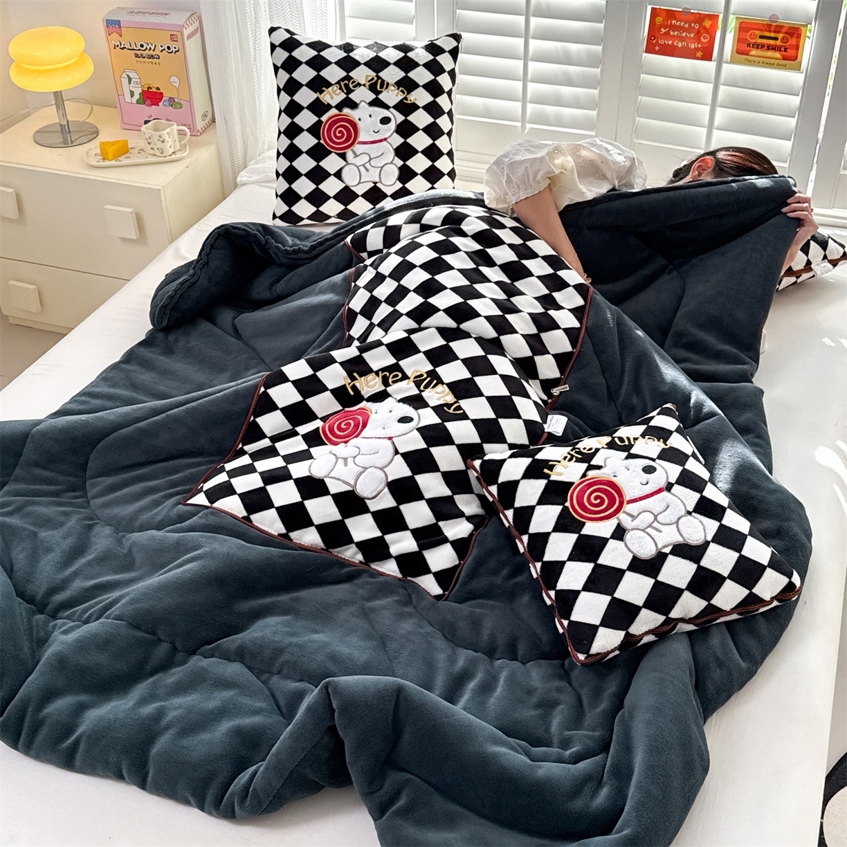 91家纺网 家纺一手货源 找家纺 宝马家纺（原梦童画） 2025新款多巴胺风格牛奶绒贴布绣抱枕被 小狗-黑色