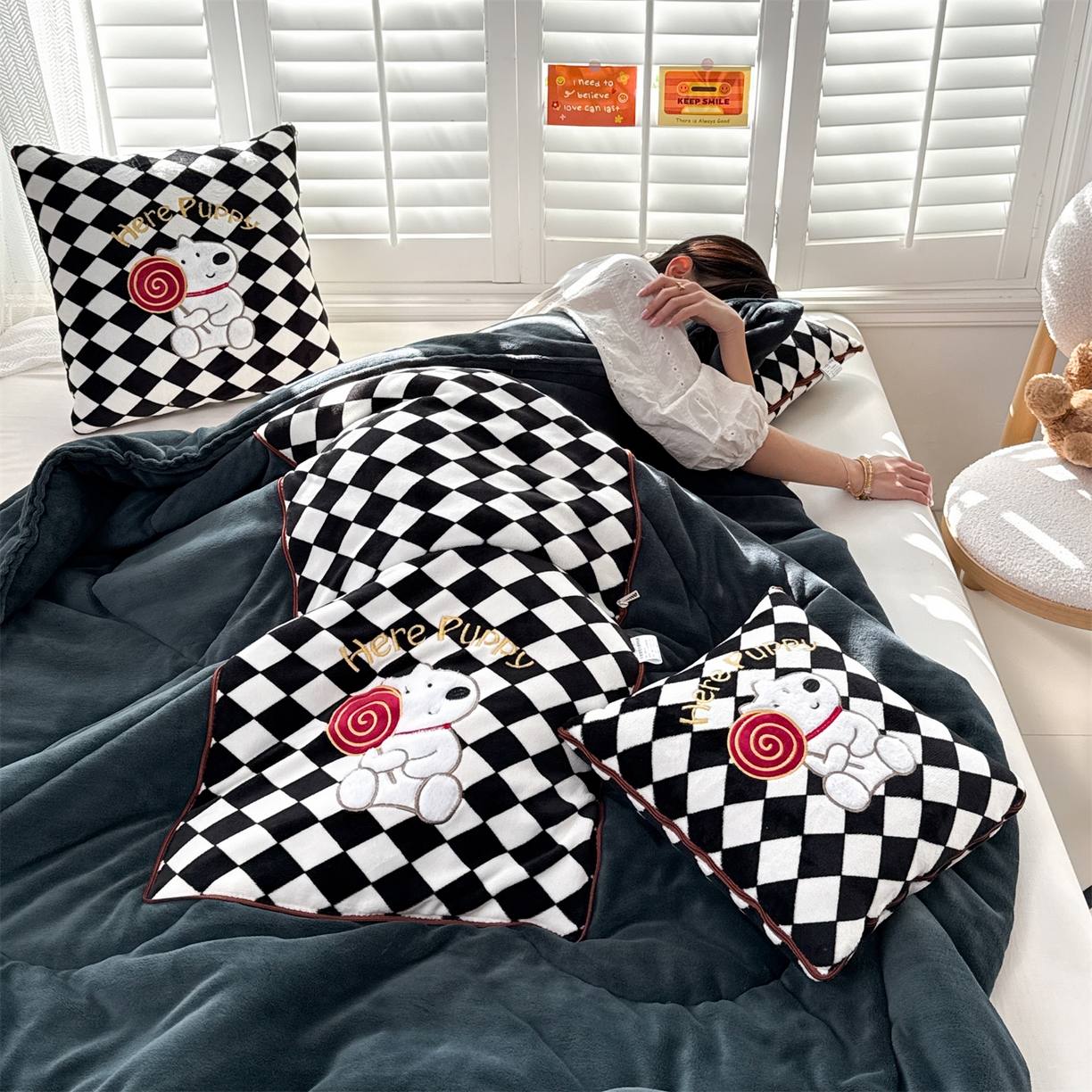 91家纺网 家纺一手货源 找家纺 宝马家纺（原梦童画） 2025新款多巴胺风格牛奶绒贴布绣抱枕被 小狗-黑色