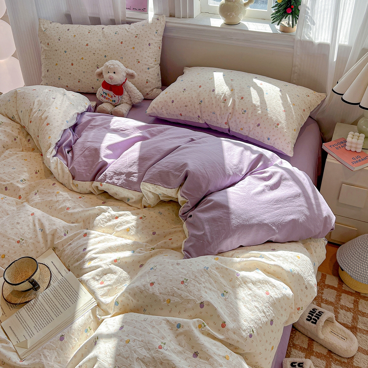 91家纺网 家纺一手货源 找家纺 富米莱（原臻工厂） 2025新款A类古法水洗仿棉云感纱四件套 甜心草莓