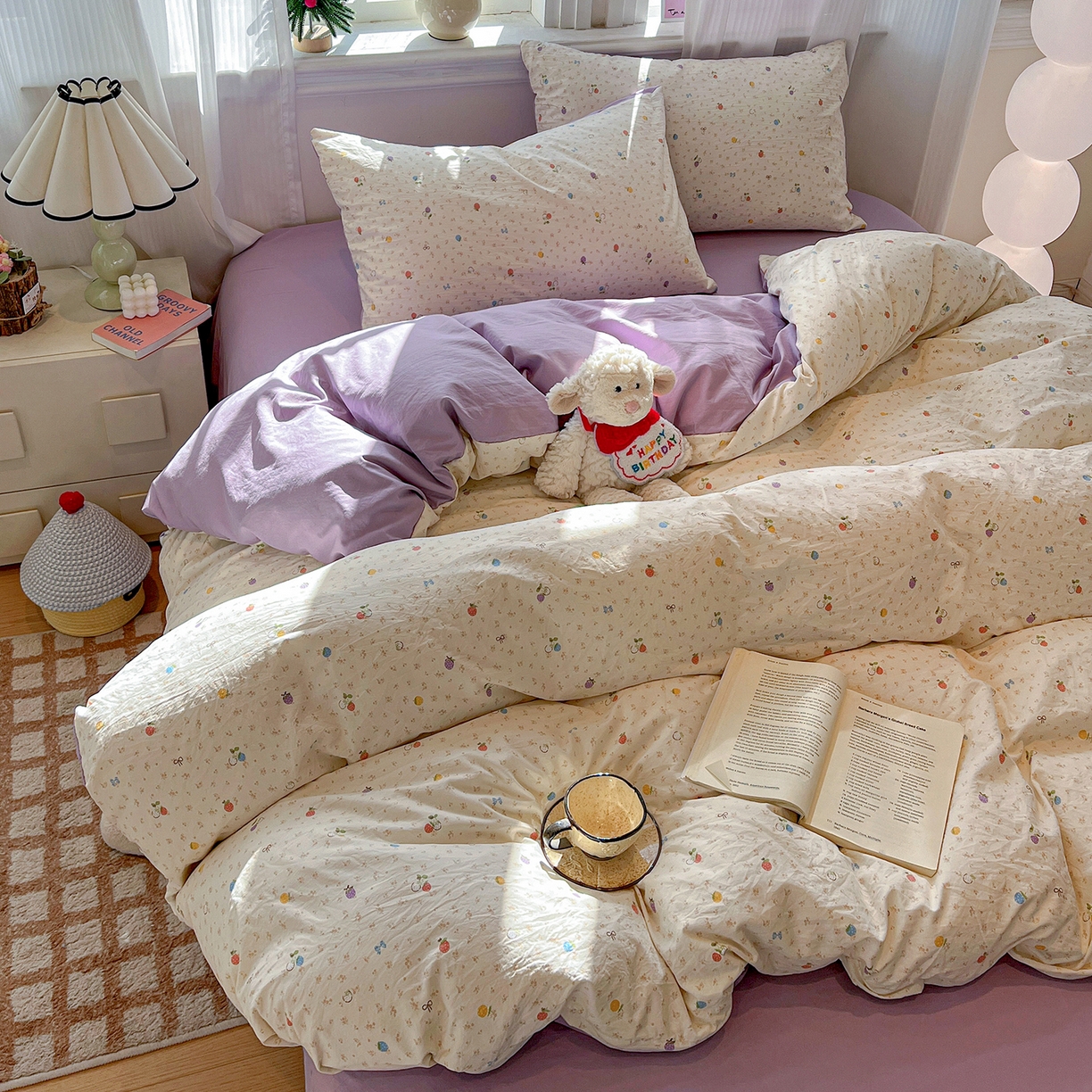 91家纺网 家纺一手货源 找家纺 富米莱（原臻工厂） 2025新款A类古法水洗仿棉云感纱四件套 甜心草莓