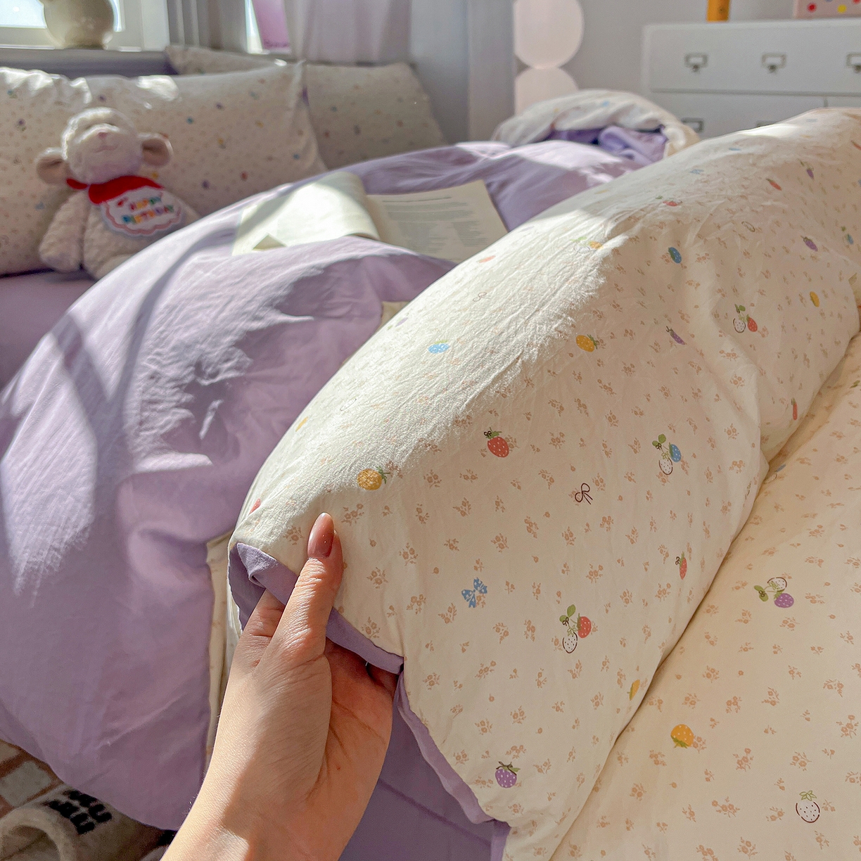 91家纺网 家纺一手货源 找家纺 富米莱（原臻工厂） 2025新款A类古法水洗仿棉云感纱四件套 甜心草莓