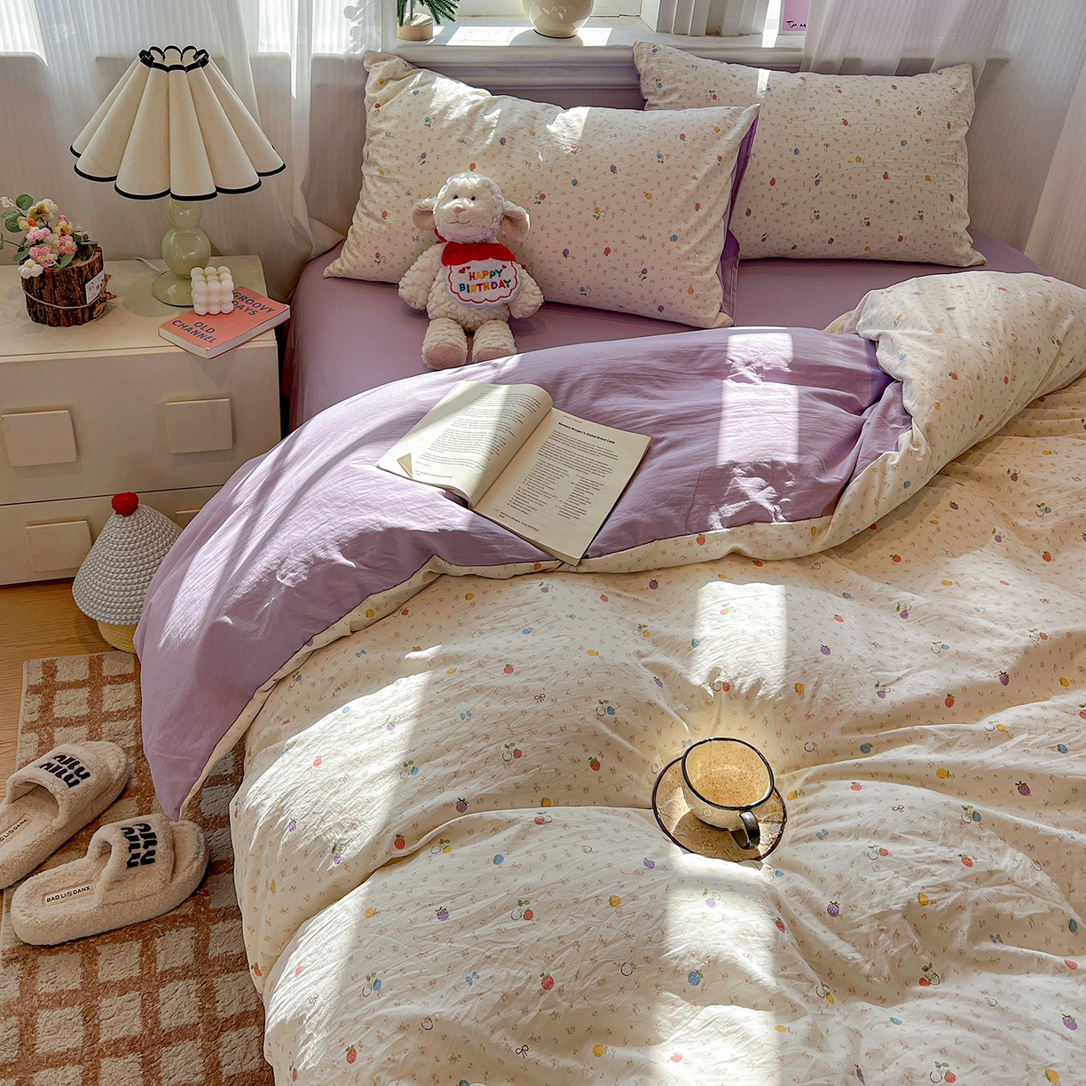 91家纺网 家纺一手货源 找家纺 富米莱（原臻工厂） 2025新款A类古法水洗仿棉云感纱四件套 甜心草莓