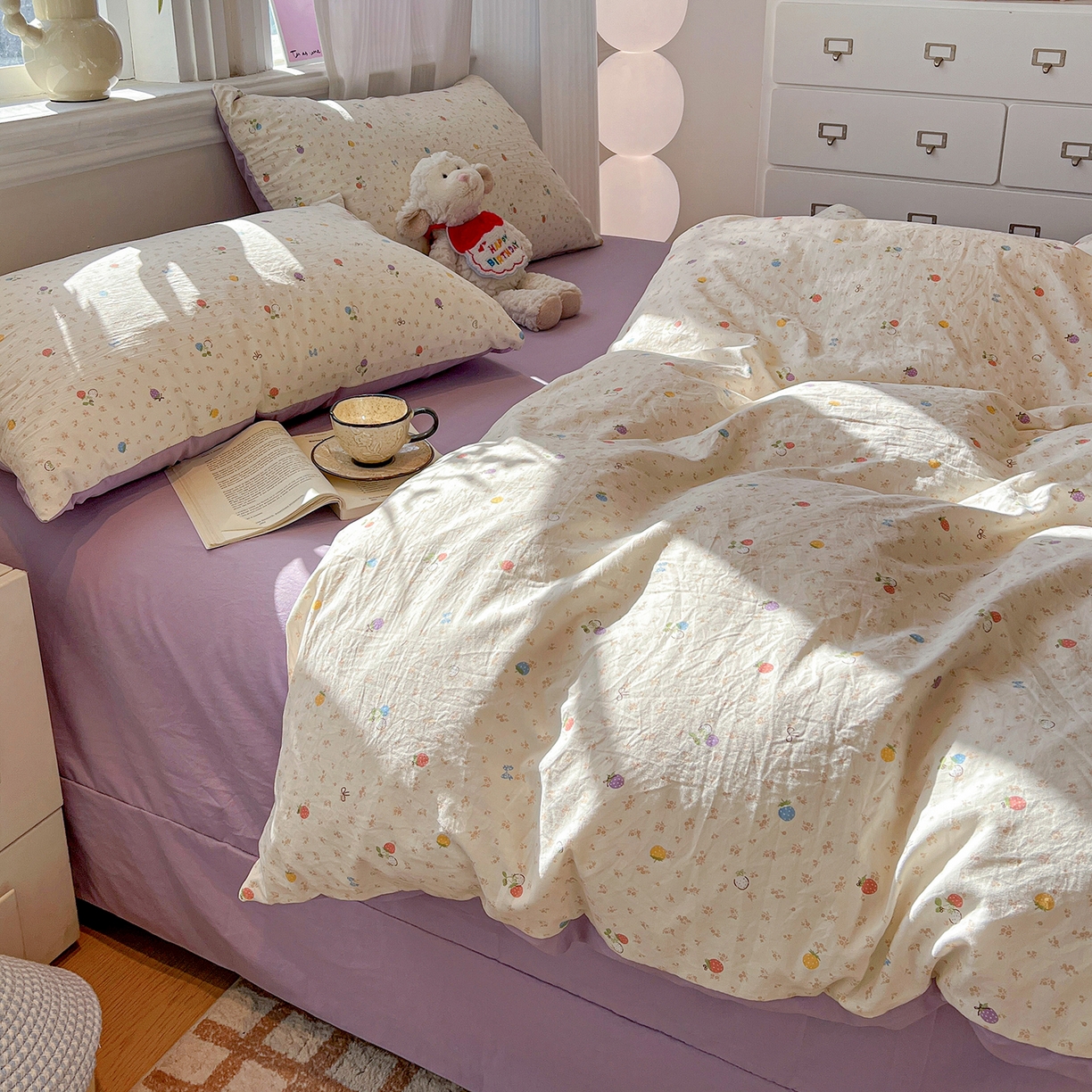 91家纺网 家纺一手货源 找家纺 富米莱（原臻工厂） 2025新款A类古法水洗仿棉云感纱四件套 甜心草莓