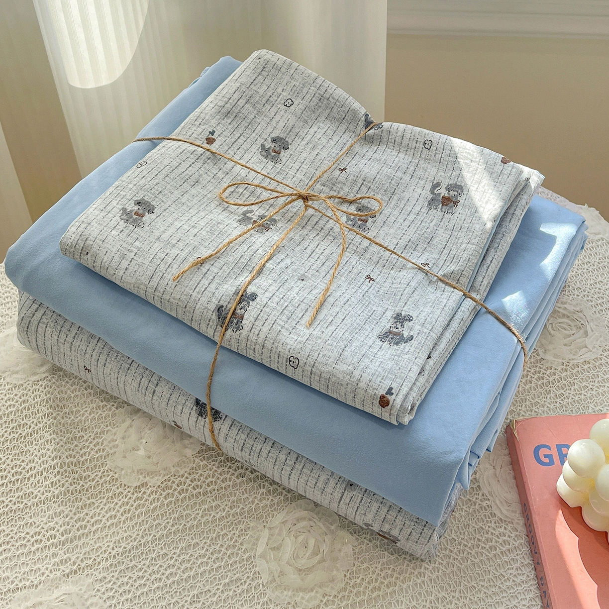 91家纺网 家纺一手货源 找家纺 富米莱（原臻工厂） 2025新款A类古法水洗仿棉云感纱四件套 条纹狗