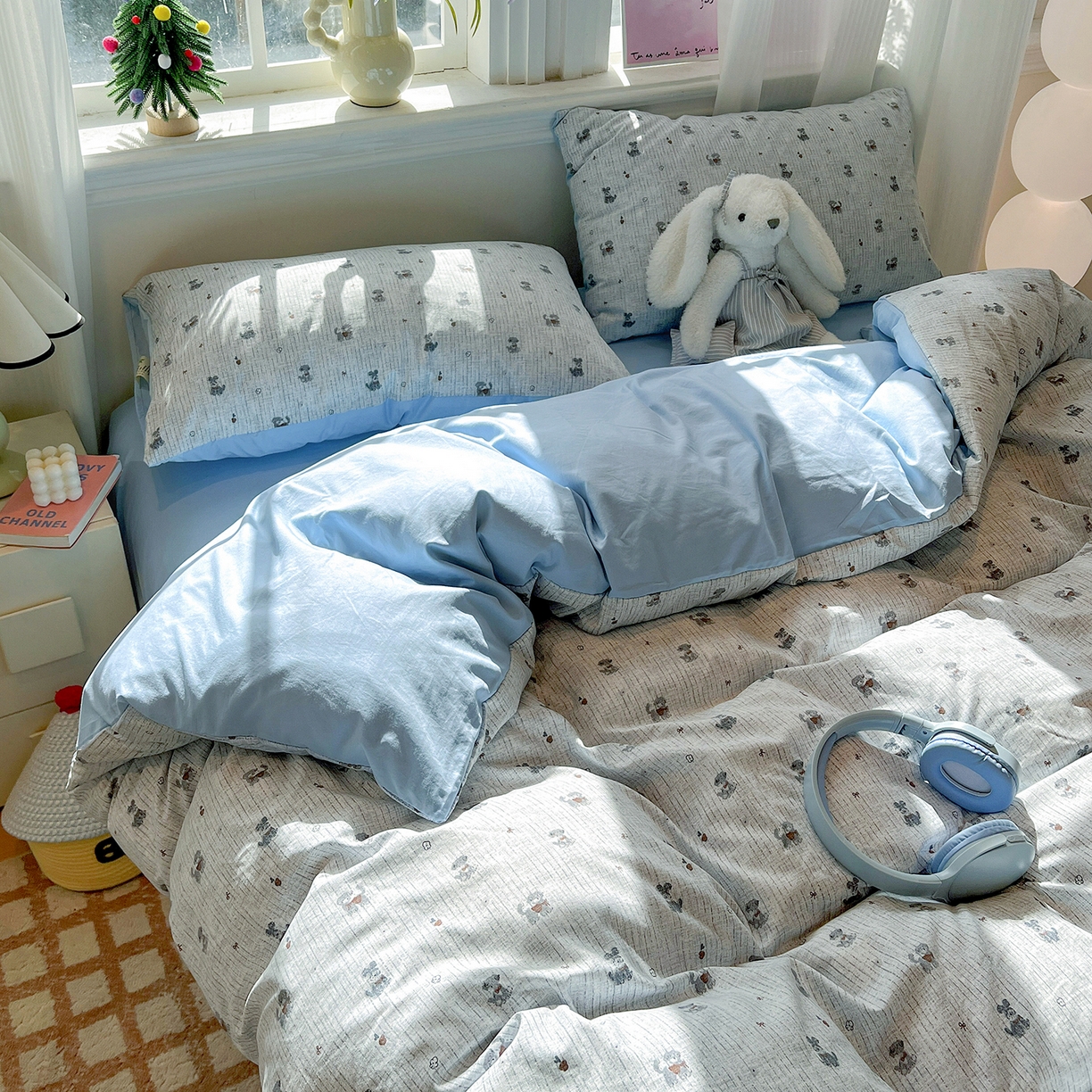 91家纺网 家纺一手货源 找家纺 富米莱（原臻工厂） 2025新款A类古法水洗仿棉云感纱四件套 条纹狗