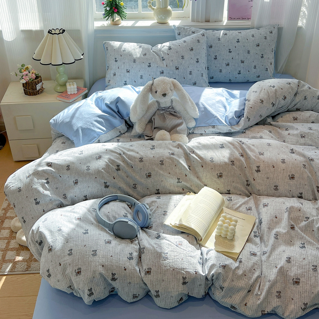 91家纺网 家纺一手货源 找家纺 富米莱（原臻工厂） 2025新款A类古法水洗仿棉云感纱四件套 条纹狗