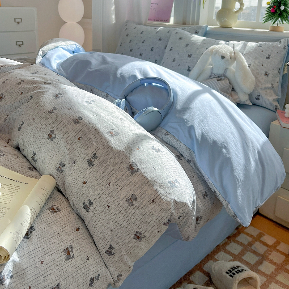 91家纺网 家纺一手货源 找家纺 富米莱（原臻工厂） 2025新款A类古法水洗仿棉云感纱四件套 条纹狗