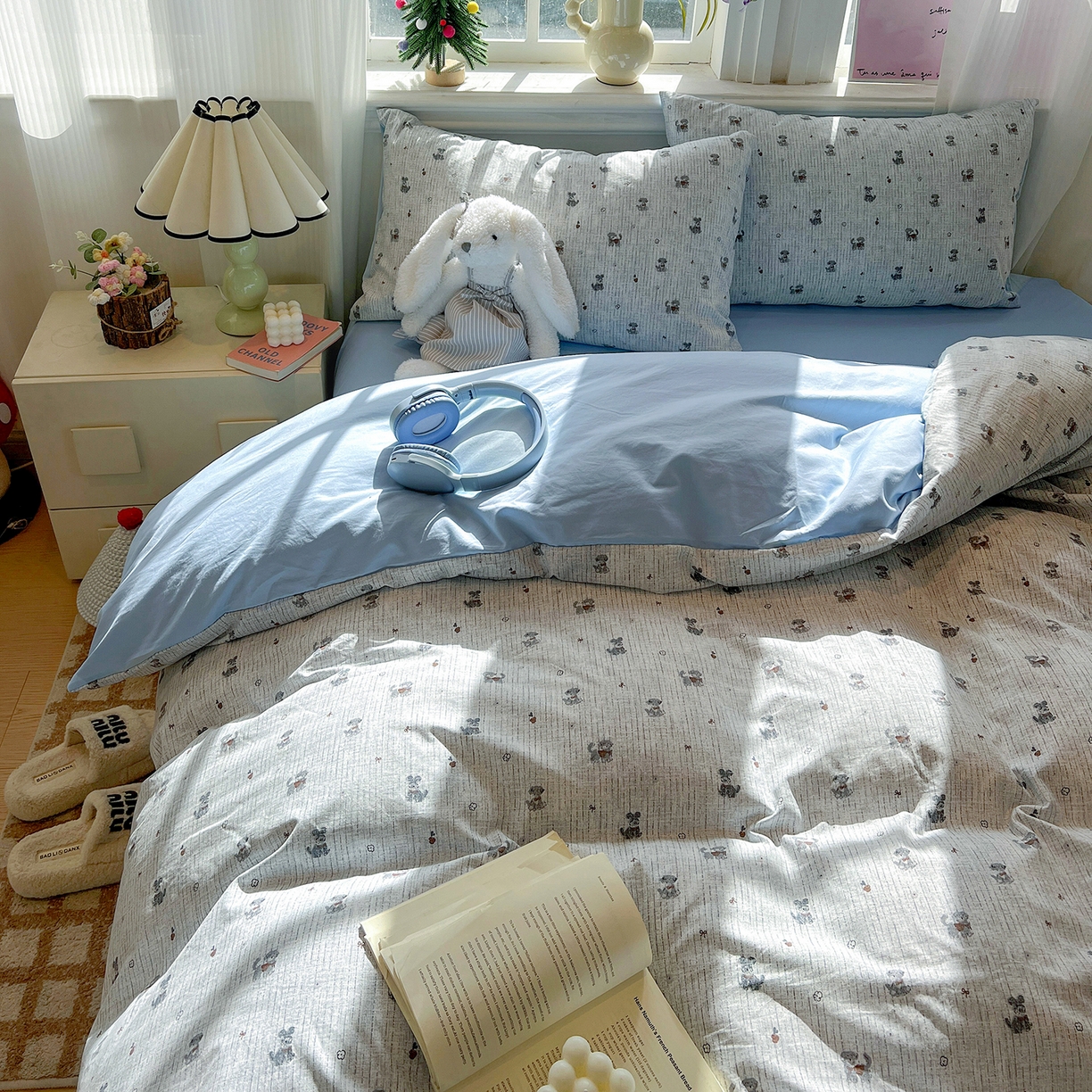 91家纺网 家纺一手货源 找家纺 富米莱（原臻工厂） 2025新款A类古法水洗仿棉云感纱四件套 条纹狗