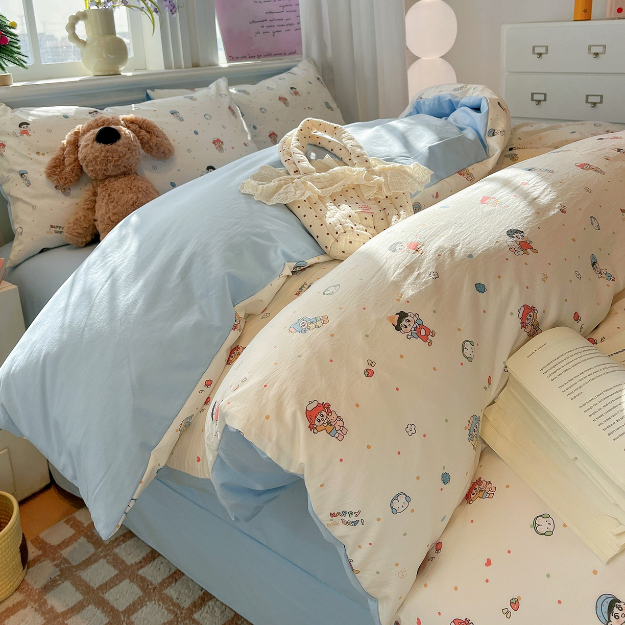 91家纺网 家纺一手货源 找家纺 富米莱（原臻工厂） 2025新款A类古法水洗仿棉云感纱四件套 童趣