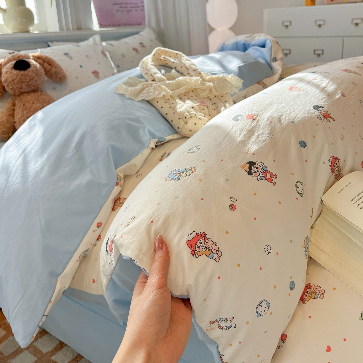 91家纺网 家纺一手货源 找家纺 富米莱（原臻工厂） 2025新款A类古法水洗仿棉云感纱四件套 童趣