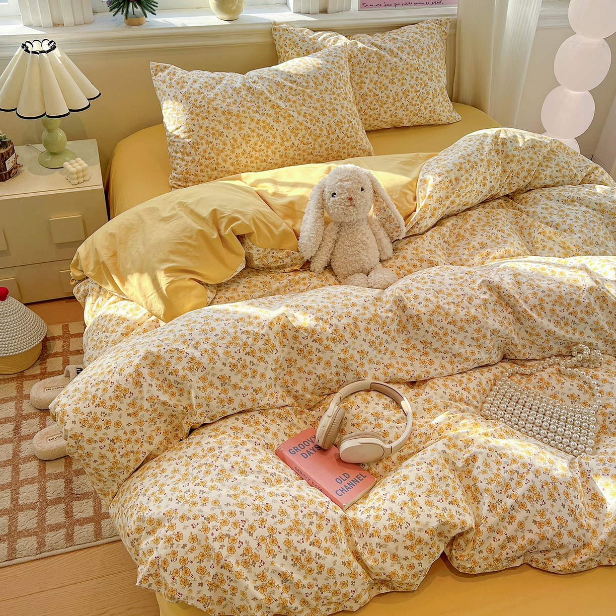 91家纺网 家纺一手货源 找家纺 富米莱（原臻工厂） 2025新款A类古法水洗仿棉云感纱四件套 小黄花